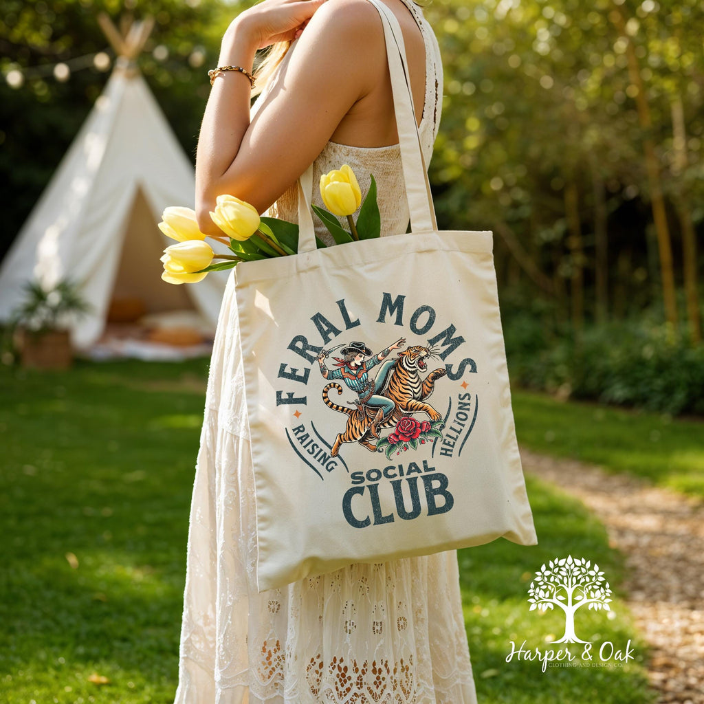 Feral Moms Social Club Tote Bag, Vintage Graphic Tote, Feral Mom Gift, Somebody's Feral Wife, Mom Life Tote, Trendy Mom Bag