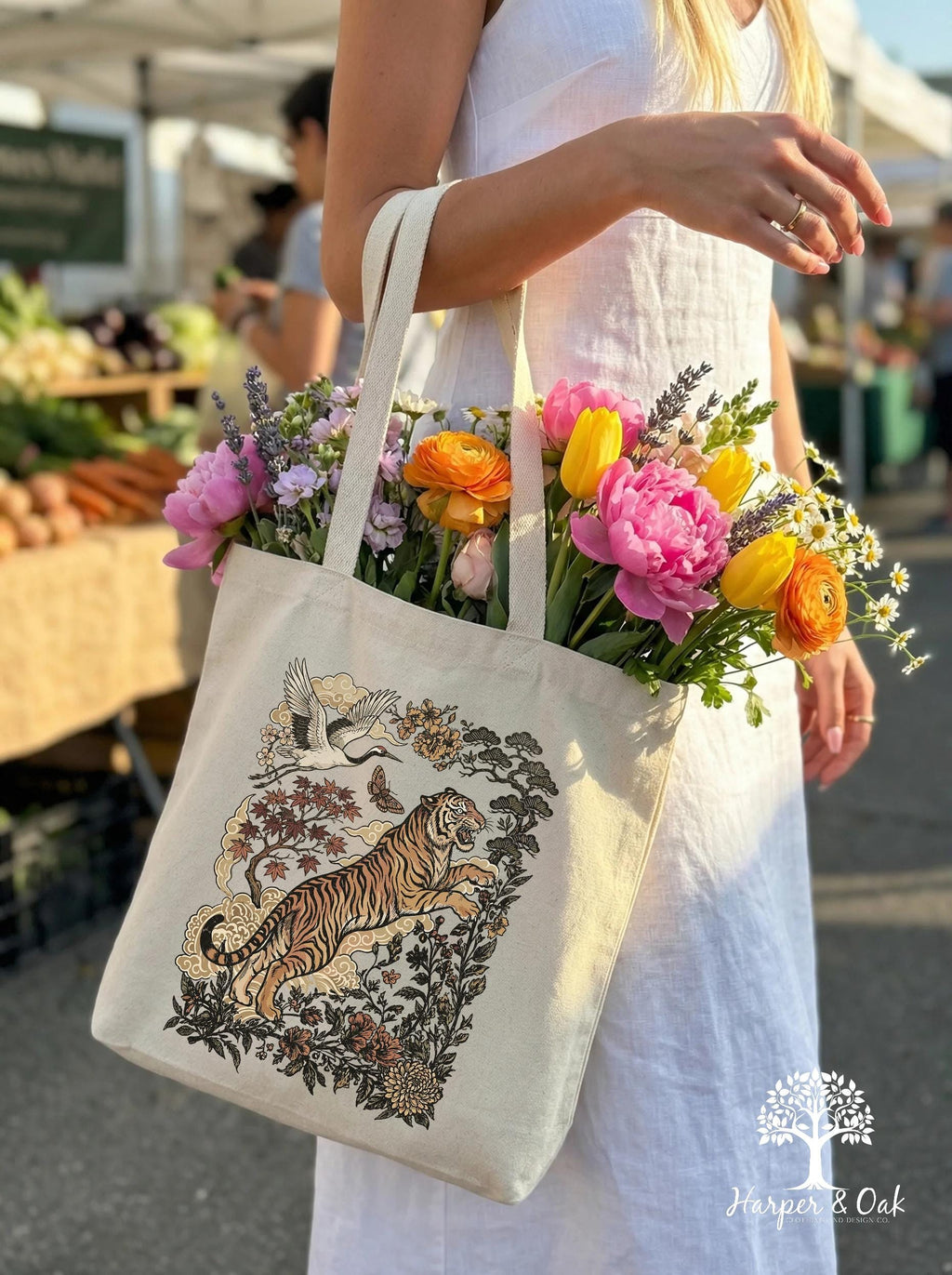 Retro Tiger Tote Bag, Animal Gift for Tiger Lover, Wild Cat Canvas Tote, Linocut Style, Boho Cottagecore Bag
