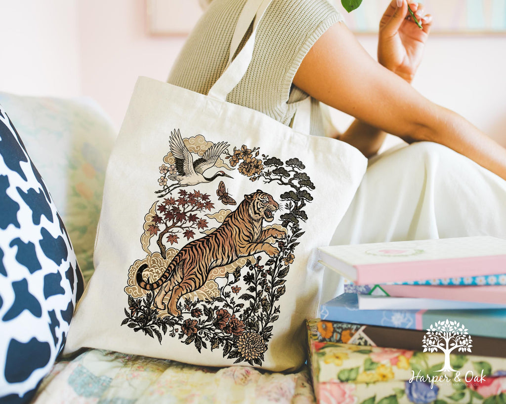 Retro Tiger Tote Bag, Animal Gift for Tiger Lover, Wild Cat Canvas Tote, Linocut Style, Boho Cottagecore Bag
