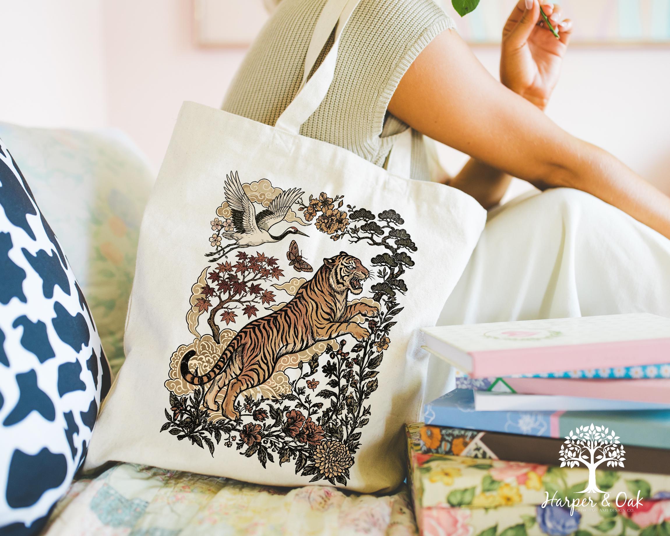 Retro Tiger Tote Bag, Animal Gift for Tiger Lover, Wild Cat Canvas Tote, Linocut Style, Boho Cottagecore Bag