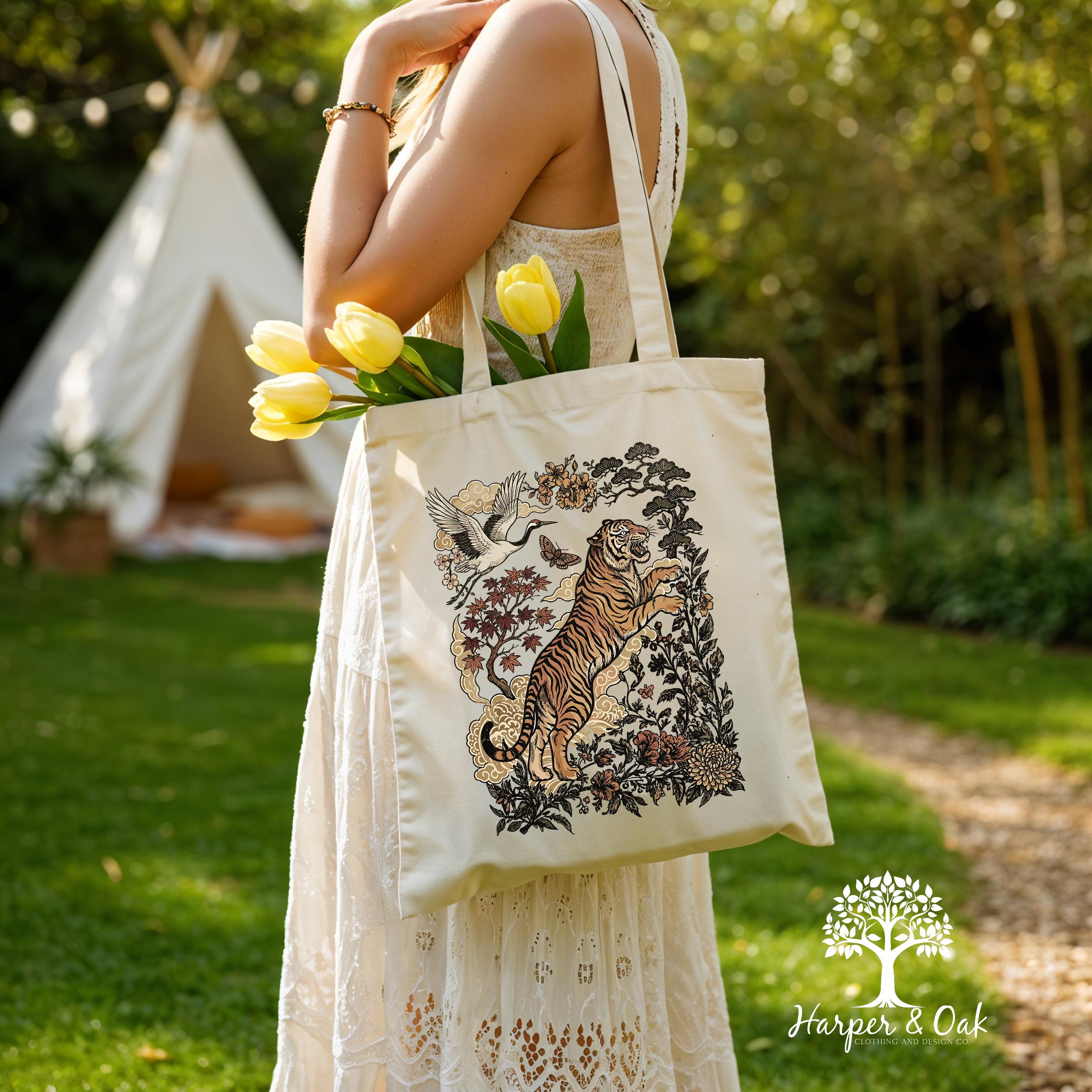 Retro Tiger Tote Bag, Animal Gift for Tiger Lover, Wild Cat Canvas Tote, Linocut Style, Boho Cottagecore Bag