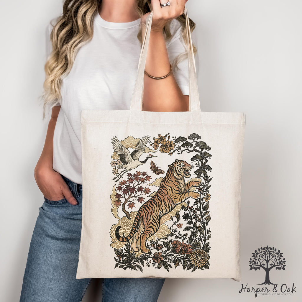 Retro Tiger Tote Bag, Animal Gift for Tiger Lover, Wild Cat Canvas Tote, Linocut Style, Boho Cottagecore Bag