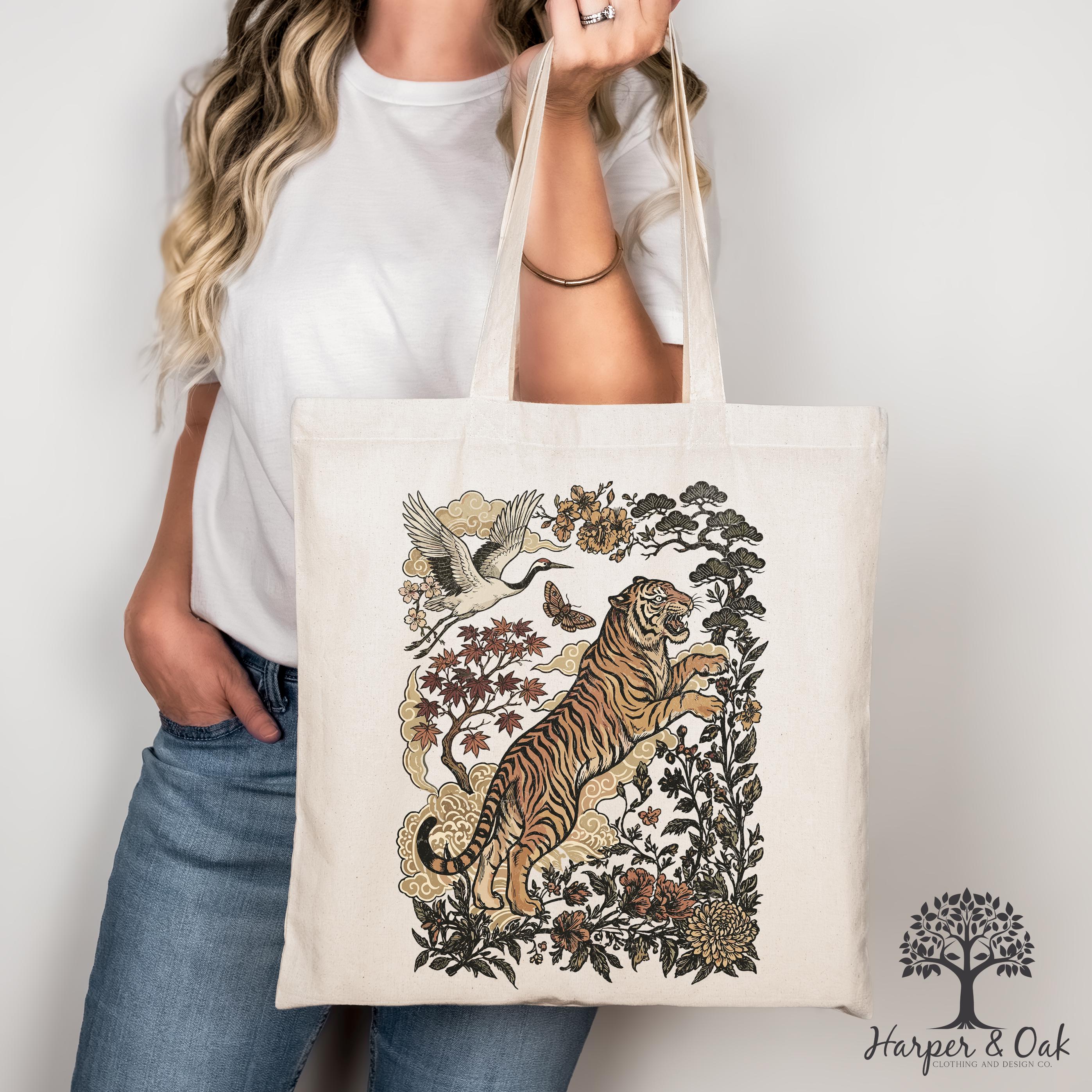 Retro Tiger Tote Bag, Animal Gift for Tiger Lover, Wild Cat Canvas Tote, Linocut Style, Boho Cottagecore Bag