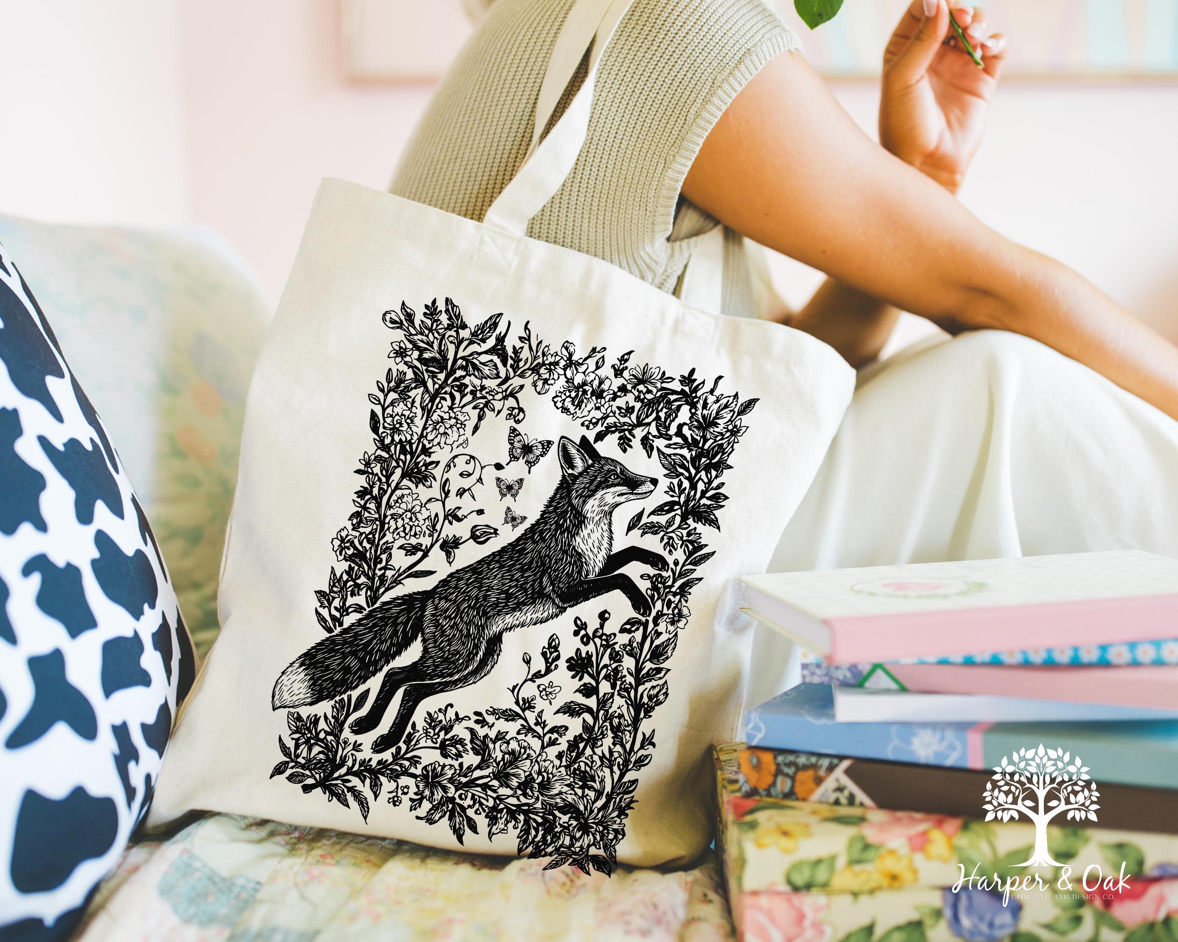 Cottagecore Fox Tote Bag, Wildflower Fox Canvas Tote, Folk Art Forest Animal Bag, Woodland Aesthetic Tote, Boho Tote Bag