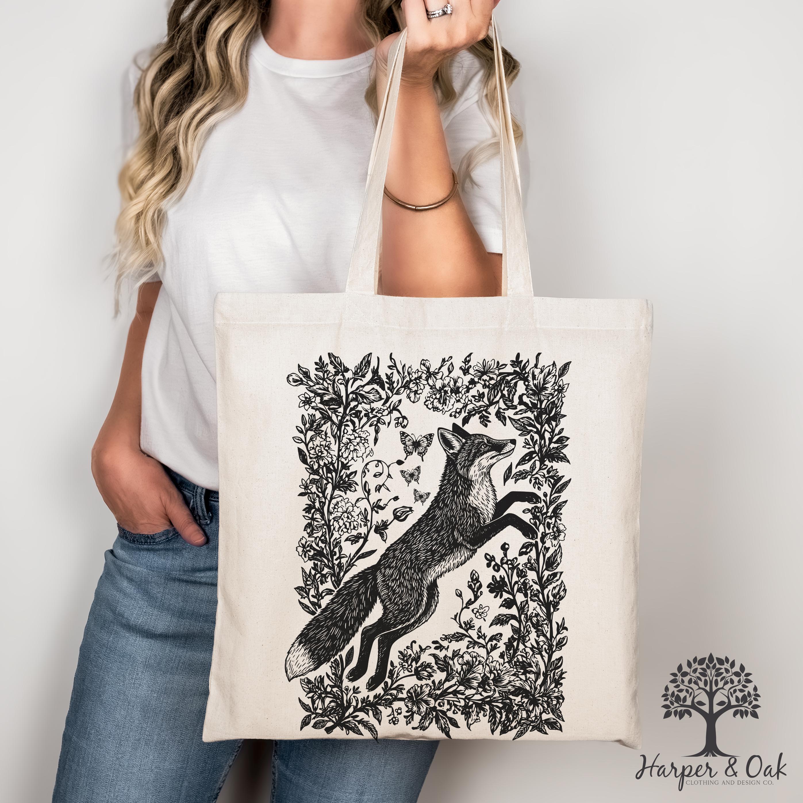 Cottagecore Fox Tote Bag, Wildflower Fox Canvas Tote, Folk Art Forest Animal Bag, Woodland Aesthetic Tote, Boho Tote Bag