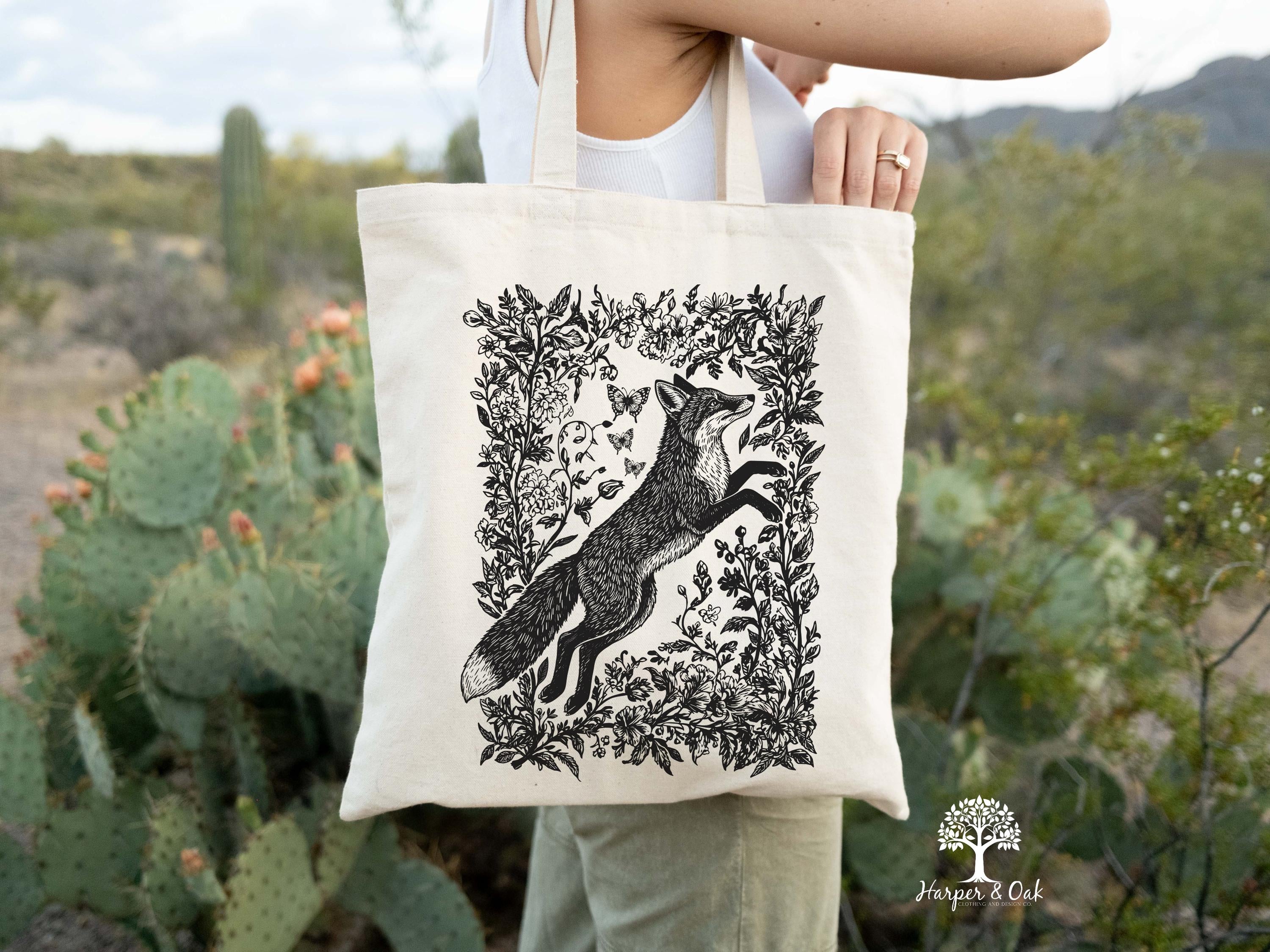 Cottagecore Fox Tote Bag, Wildflower Fox Canvas Tote, Folk Art Forest Animal Bag, Woodland Aesthetic Tote, Boho Tote Bag