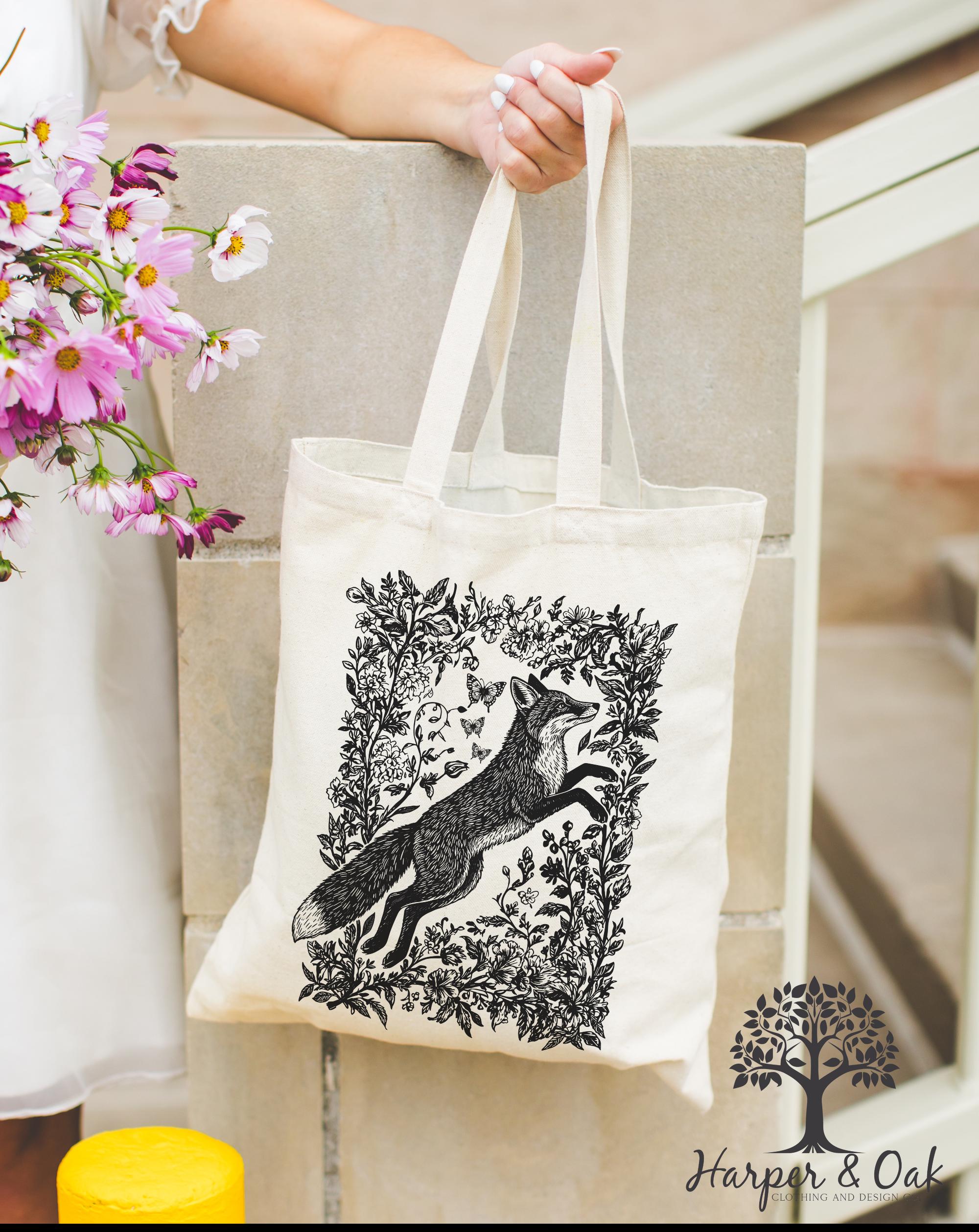 Cottagecore Fox Tote Bag, Wildflower Fox Canvas Tote, Folk Art Forest Animal Bag, Woodland Aesthetic Tote, Boho Tote Bag