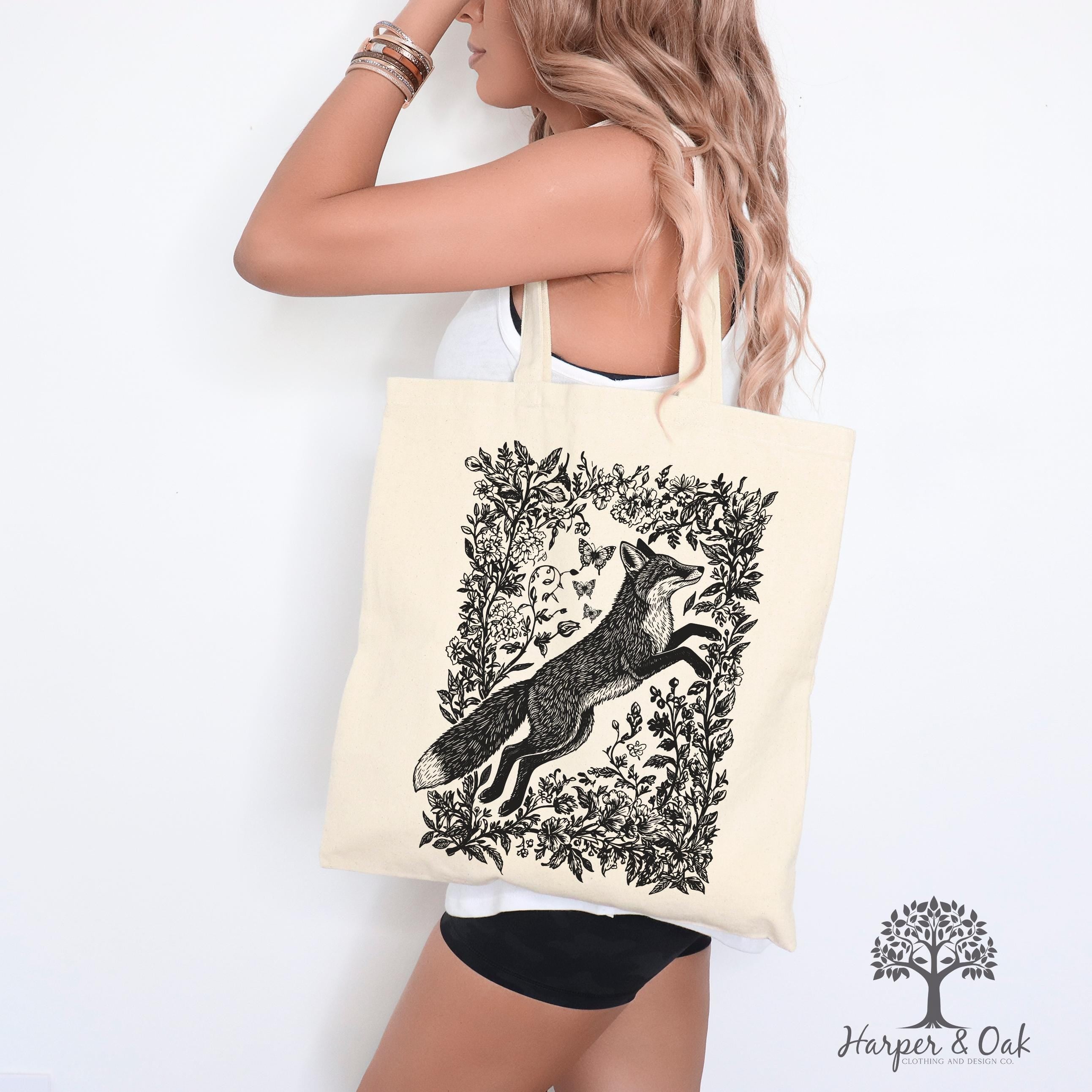 Cottagecore Fox Tote Bag, Wildflower Fox Canvas Tote, Folk Art Forest Animal Bag, Woodland Aesthetic Tote, Boho Tote Bag