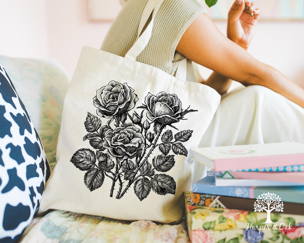 Retro Linocut Flower Tote Bag, Retro Floral Canvas Tote, Cottagecore Boho Botanical Bag,
