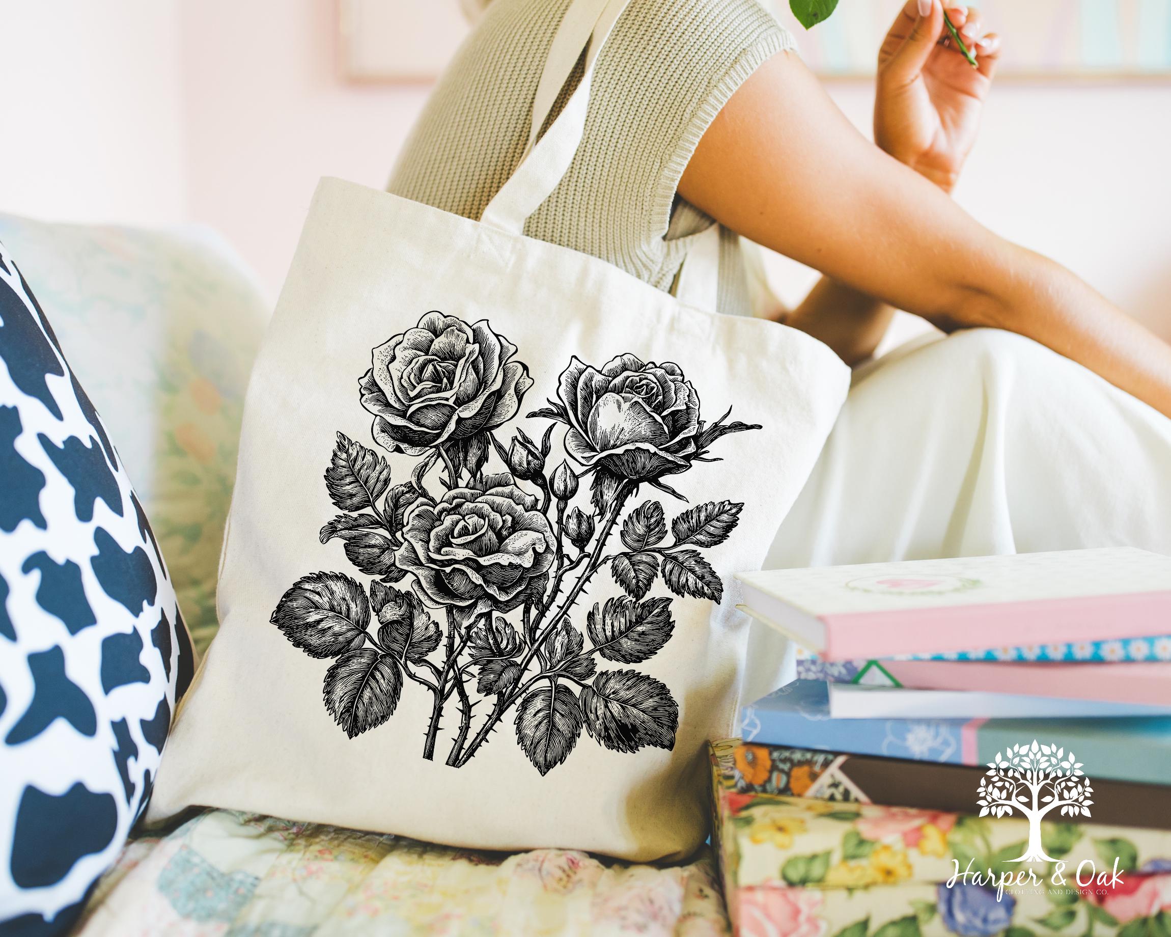 Retro Linocut Flower Tote Bag, Retro Floral Canvas Tote, Cottagecore Boho Botanical Bag,
