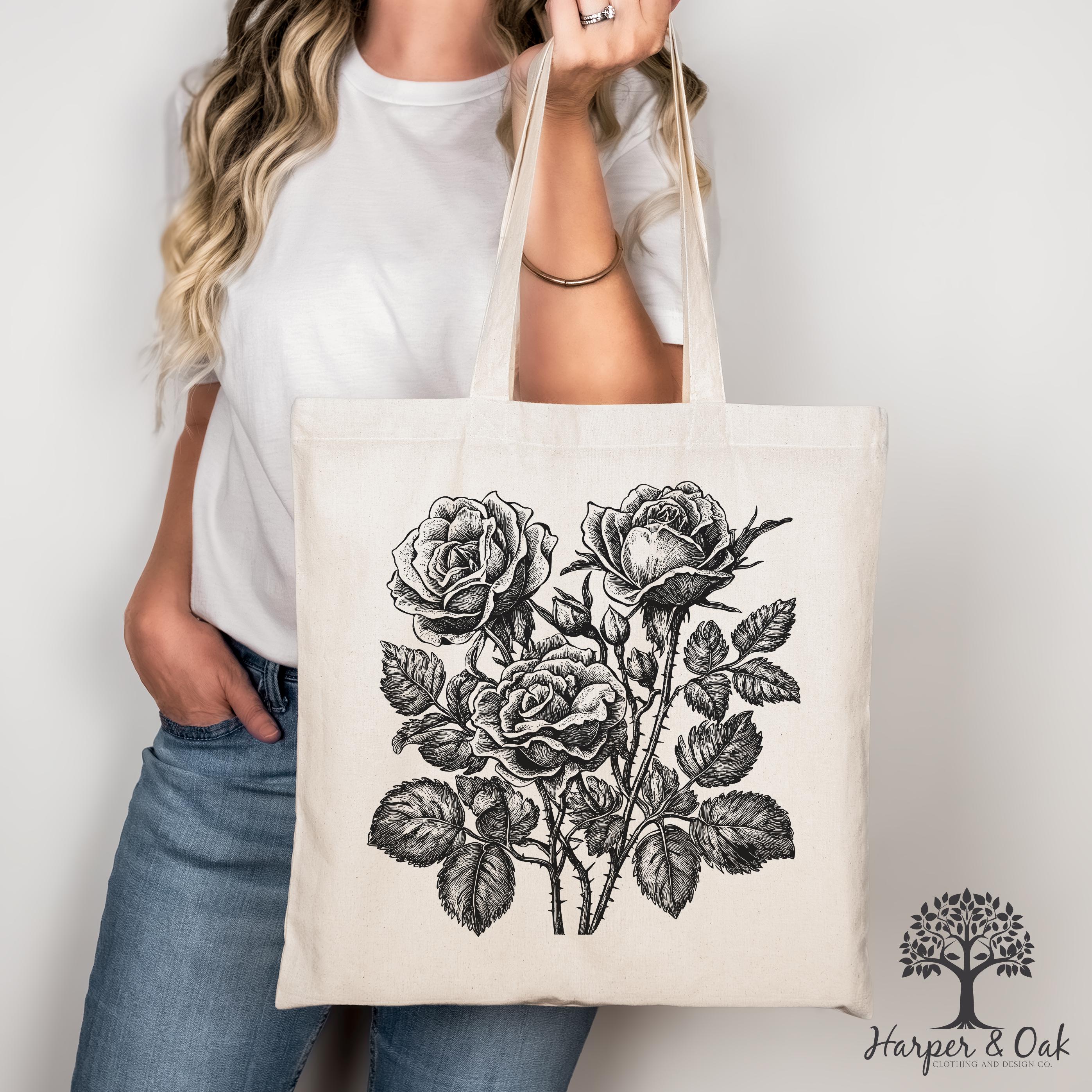 Retro Linocut Flower Tote Bag, Retro Floral Canvas Tote, Cottagecore Boho Botanical Bag,