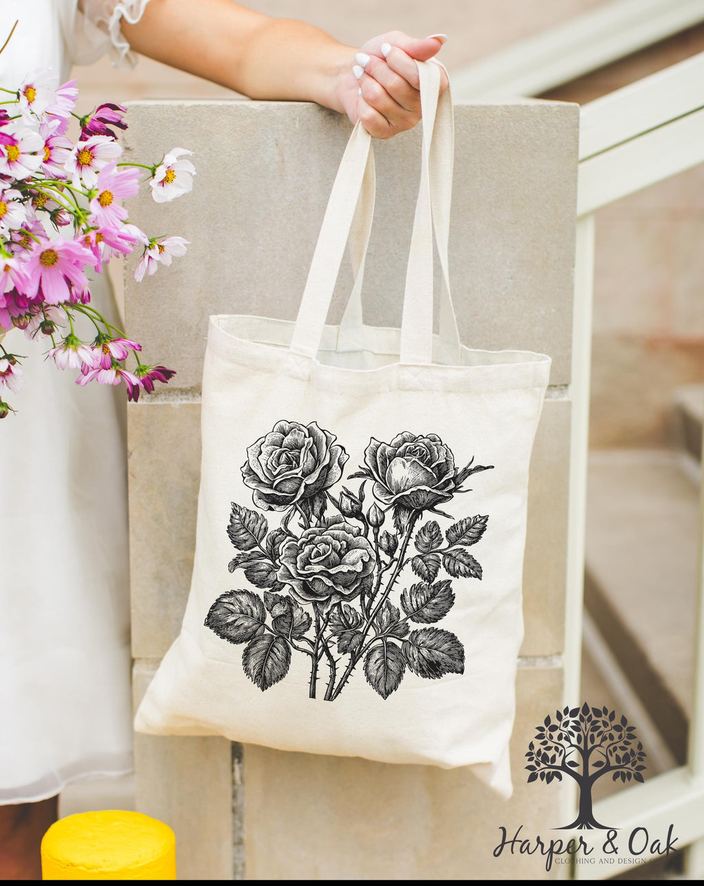 Retro Linocut Flower Tote Bag, Retro Floral Canvas Tote, Cottagecore Boho Botanical Bag,