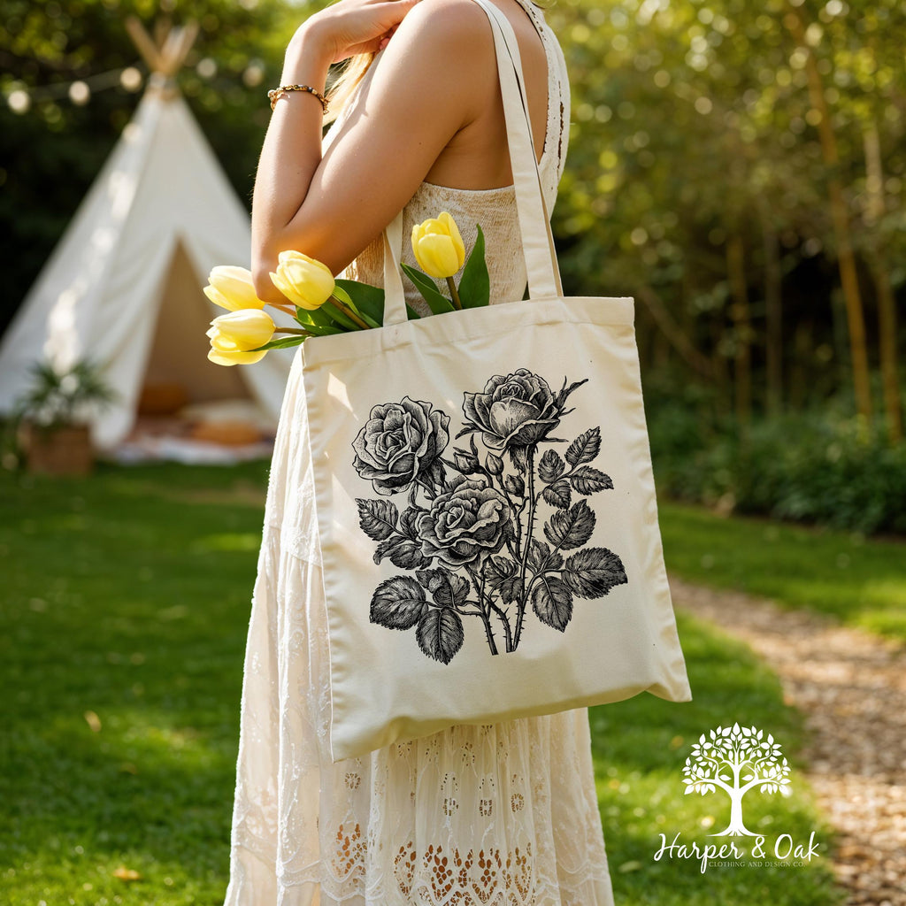 Retro Linocut Flower Tote Bag, Retro Floral Canvas Tote, Cottagecore Boho Botanical Bag,
