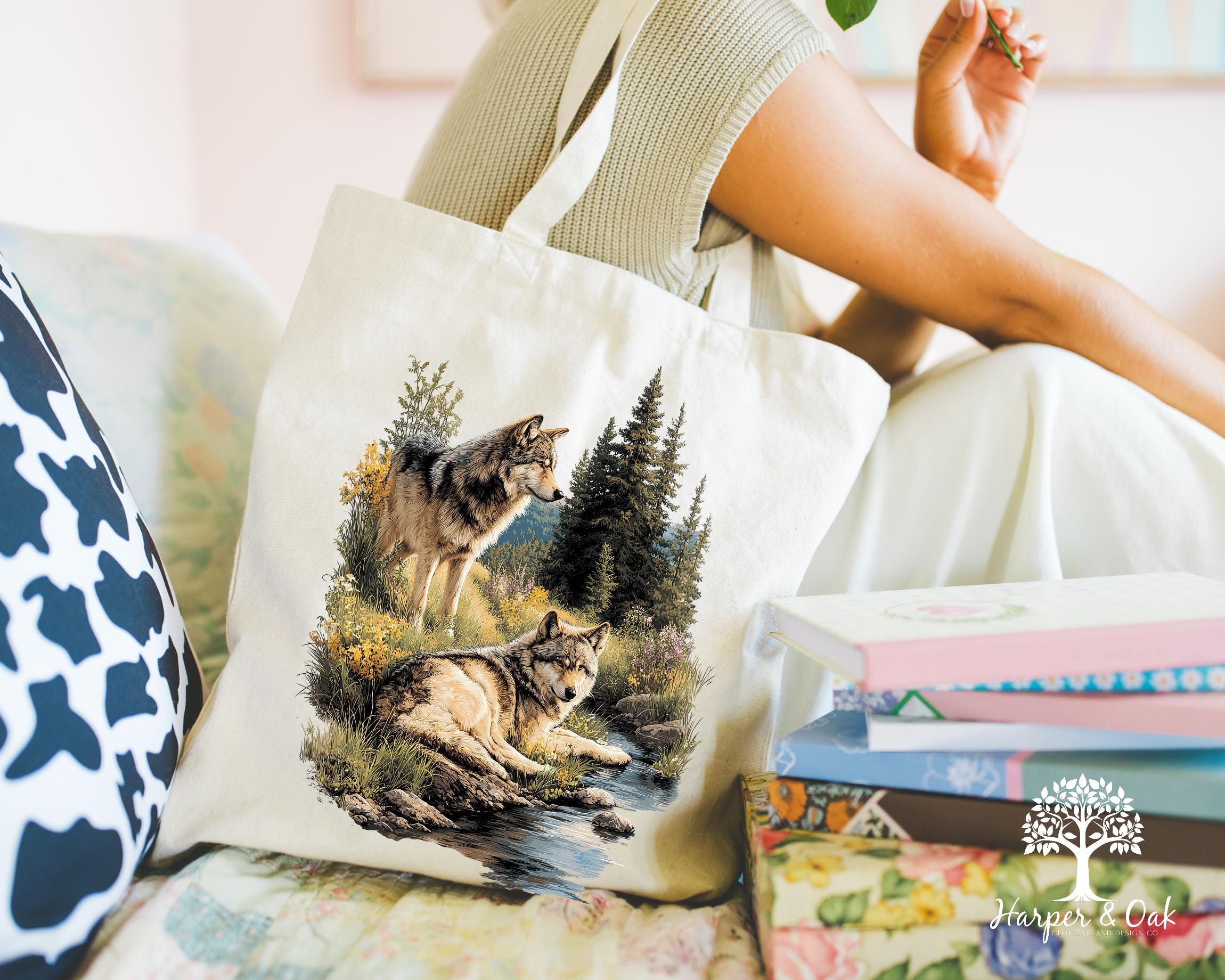 Retro Wolf Tote Bag, Nature Vintage Wildlife Canvas Tote, Boho Unisex Cabincore Bag, Rustic Wolf Tote, Cozy Nostalgia Tote