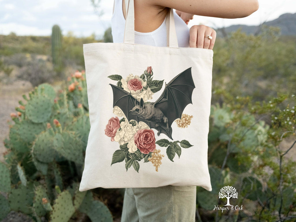 Dark Academia Bat Tote Bag, Gothic Cottagecore Canvas Tote, Bats 90s Graphic Bag, Goblincore Tote Bag