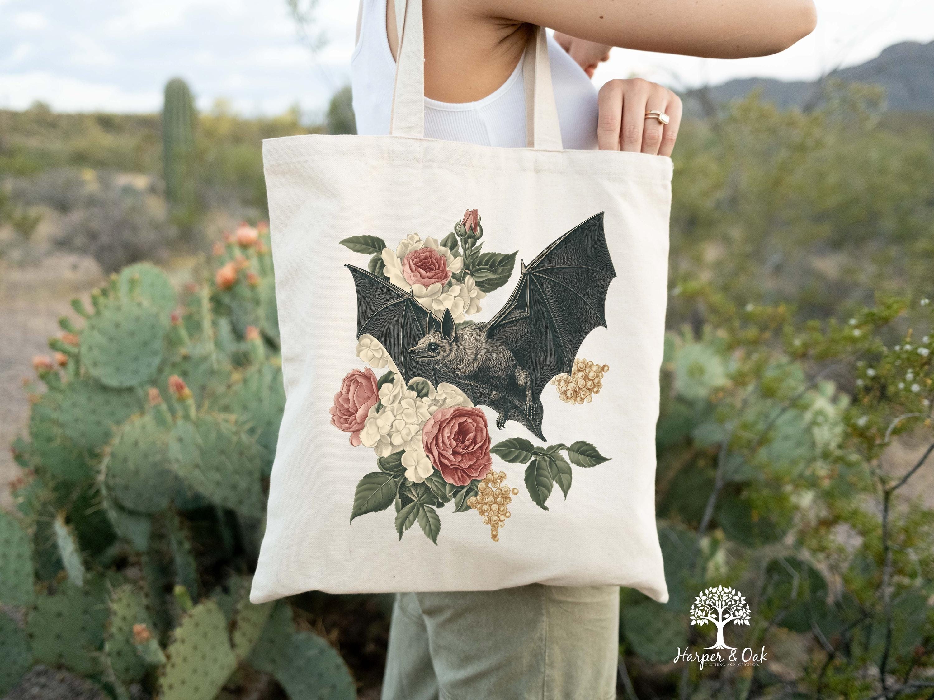 Dark Academia Bat Tote Bag, Gothic Cottagecore Canvas Tote, Bats 90s Graphic Bag, Goblincore Tote Bag