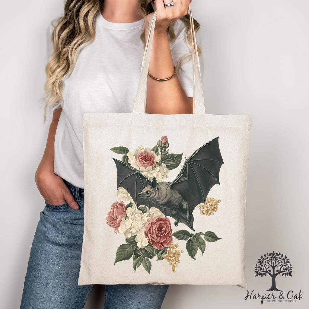 Dark Academia Bat Tote Bag, Gothic Cottagecore Canvas Tote, Bats 90s Graphic Bag, Goblincore Tote Bag