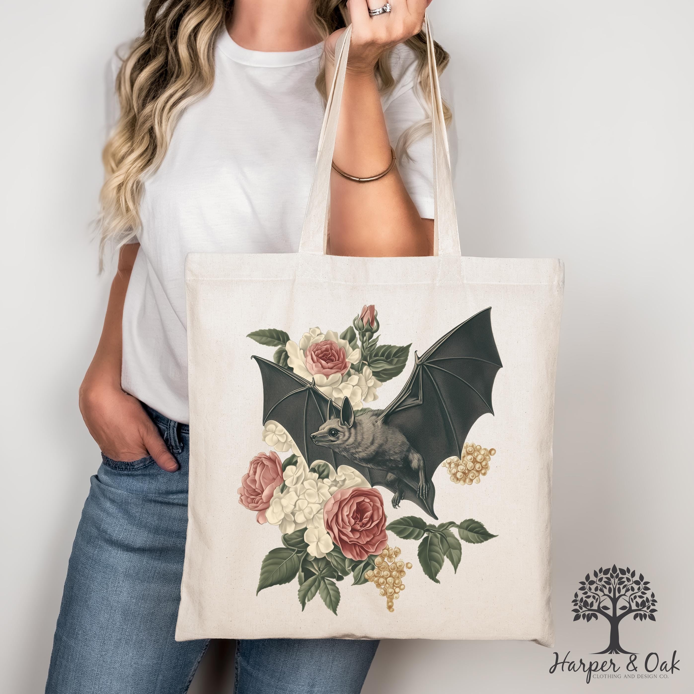 Dark Academia Bat Tote Bag, Gothic Cottagecore Canvas Tote, Bats 90s Graphic Bag, Goblincore Tote Bag