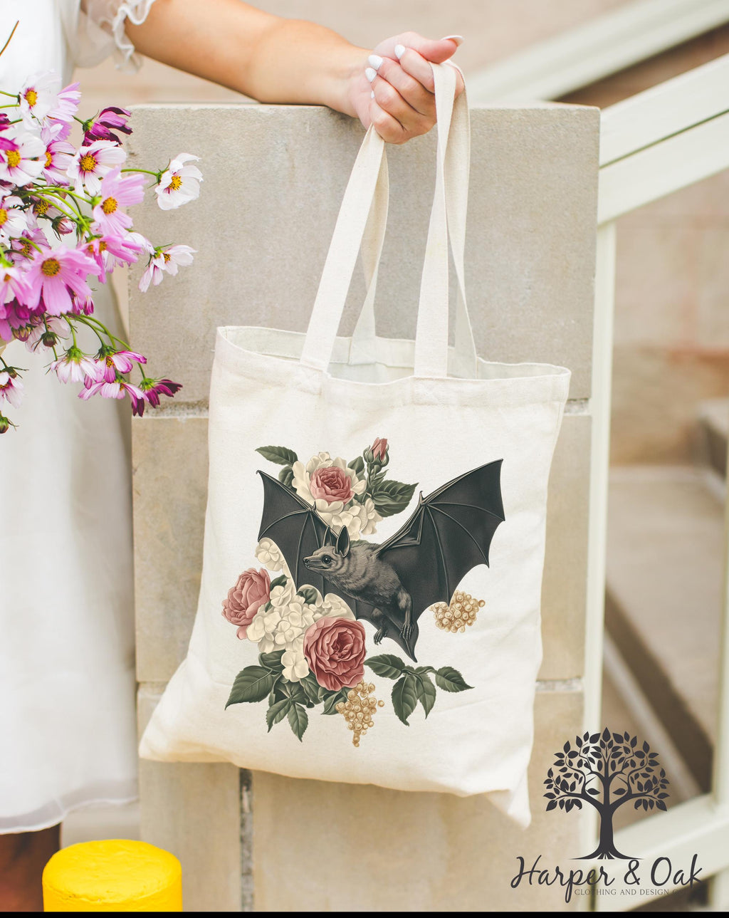 Dark Academia Bat Tote Bag, Gothic Cottagecore Canvas Tote, Bats 90s Graphic Bag, Goblincore Tote Bag