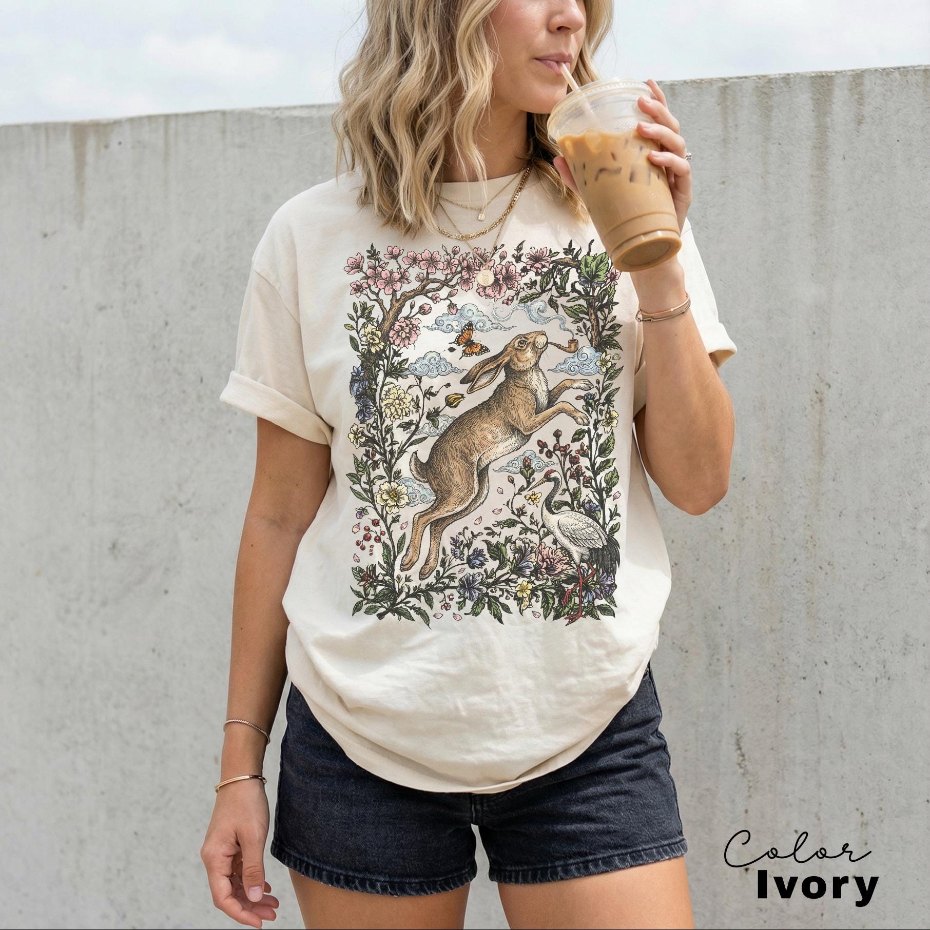 Cottagecore Rabbit Shirt, Wild Hare Smoking Pipe t-shirt, Folk Art Forest Animal TShirt, Woodland Aesthetic Top, Comfort Colors