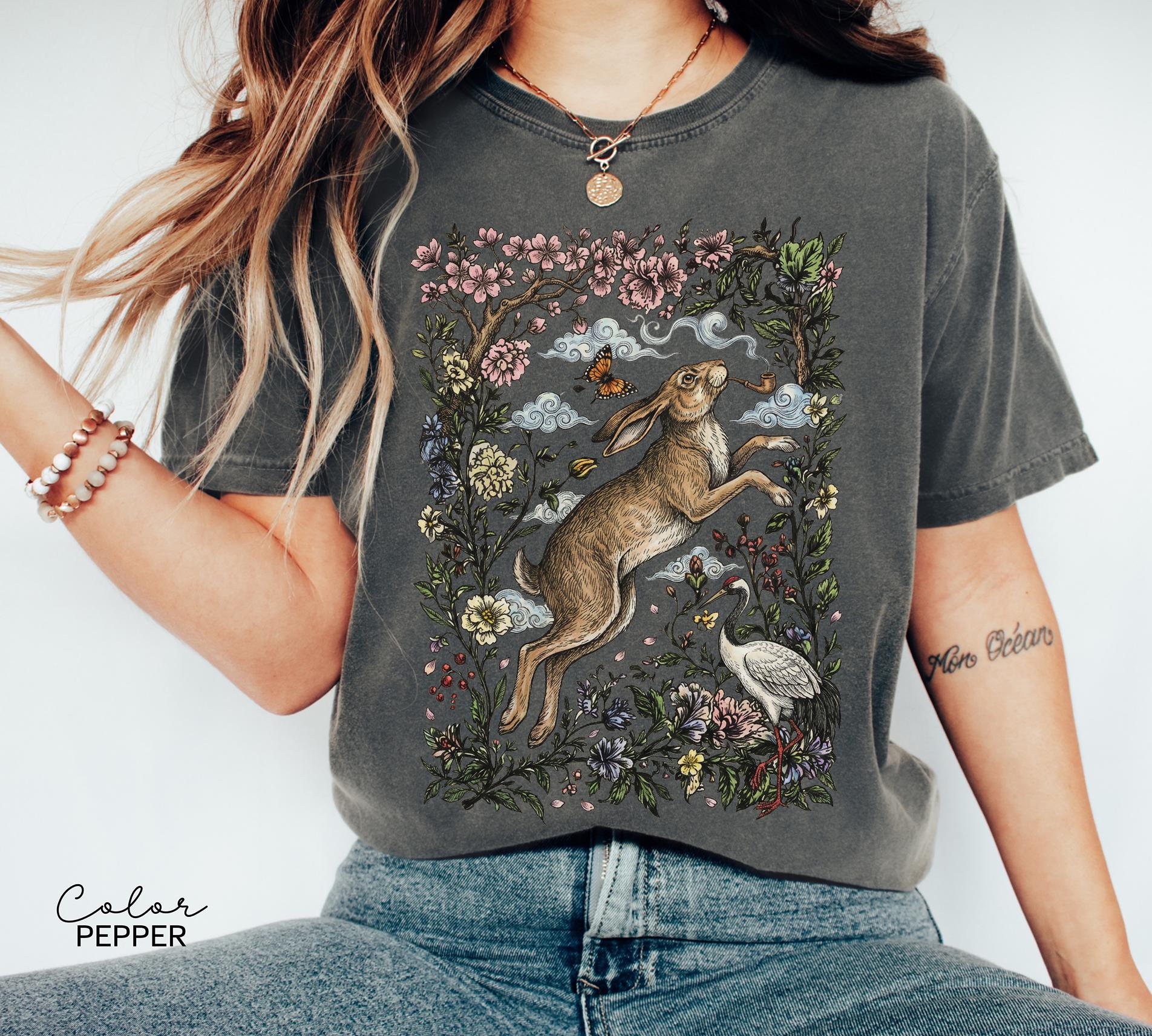 Cottagecore Rabbit Shirt, Wild Hare Smoking Pipe T-Shirt