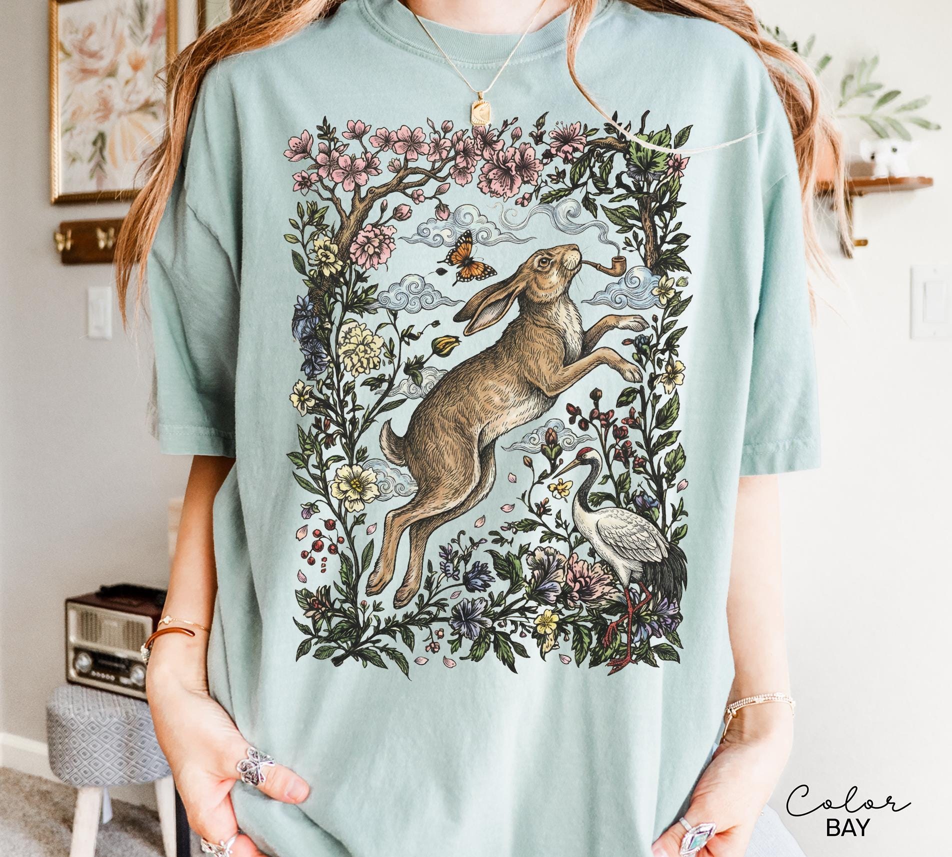 Cottagecore Rabbit Shirt, Wild Hare Smoking Pipe t-shirt, Folk Art Forest Animal TShirt, Woodland Aesthetic Top, Comfort Colors