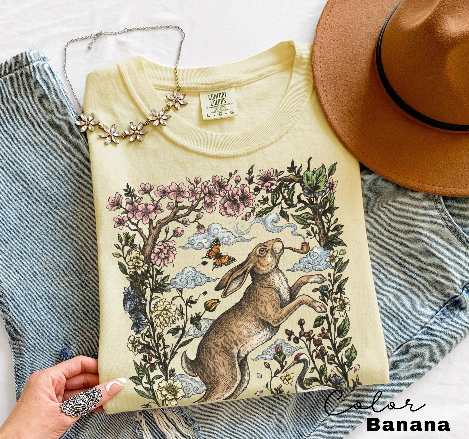 Cottagecore Rabbit Shirt, Wild Hare Smoking Pipe t-shirt, Folk Art Forest Animal TShirt, Woodland Aesthetic Top, Comfort Colors