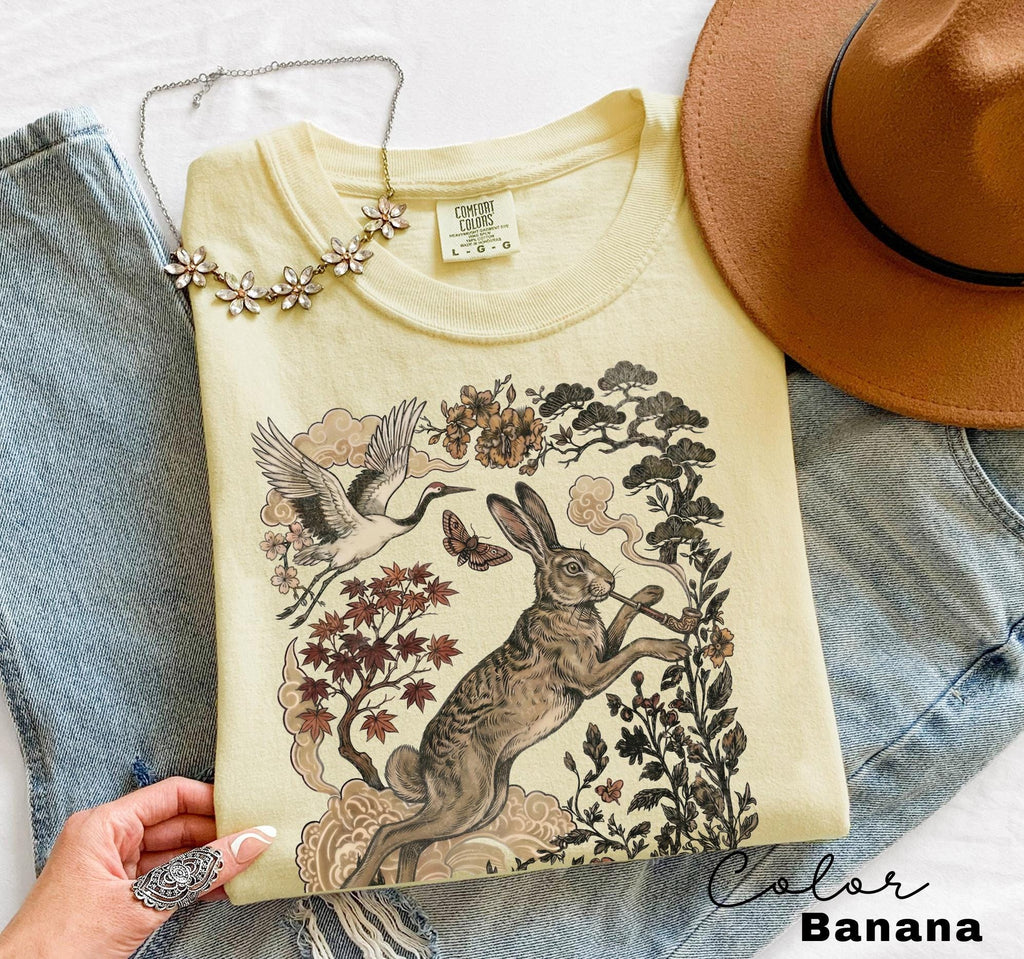 Retro Rabbit Shirt, Wild Hare Smoking Pipe t-shirt, Folk Art Forest Animal TShirt, Woodland Aesthetic Top, Comfort Colors