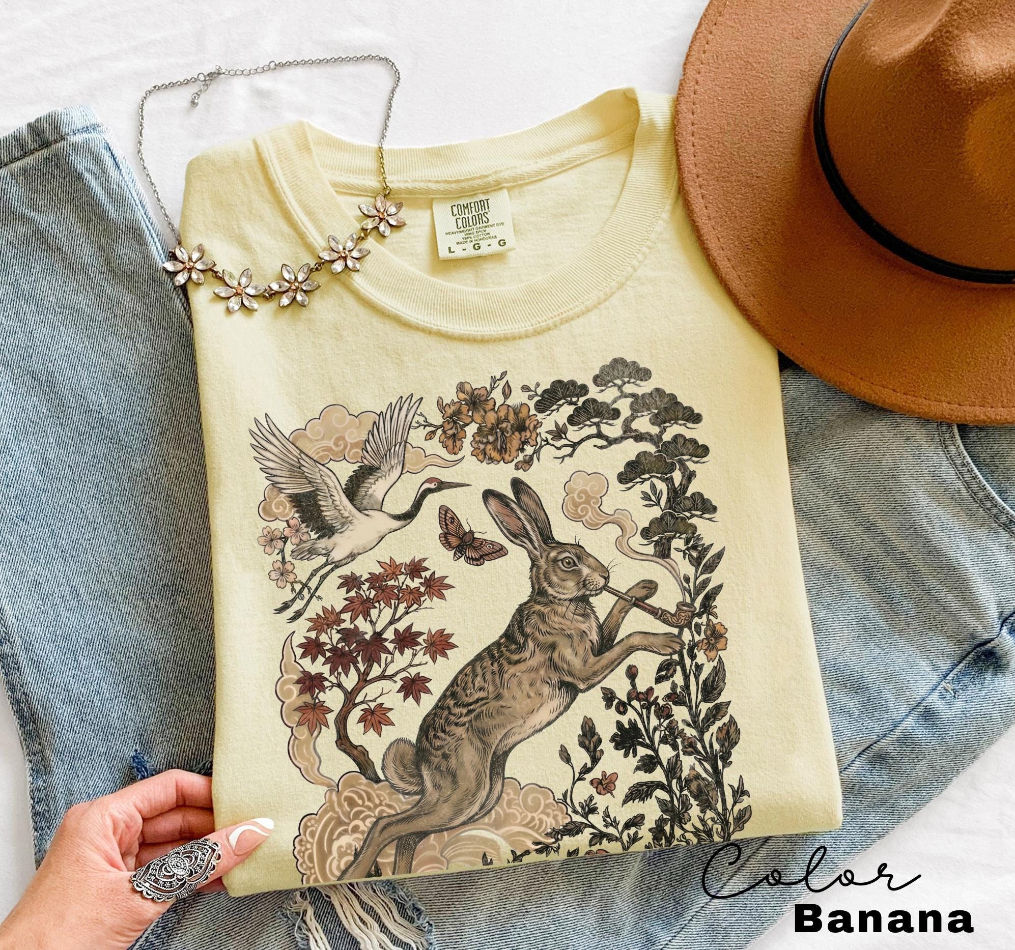 Retro Rabbit Shirt, Wild Hare Smoking Pipe t-shirt, Folk Art Forest Animal TShirt, Woodland Aesthetic Top, Comfort Colors