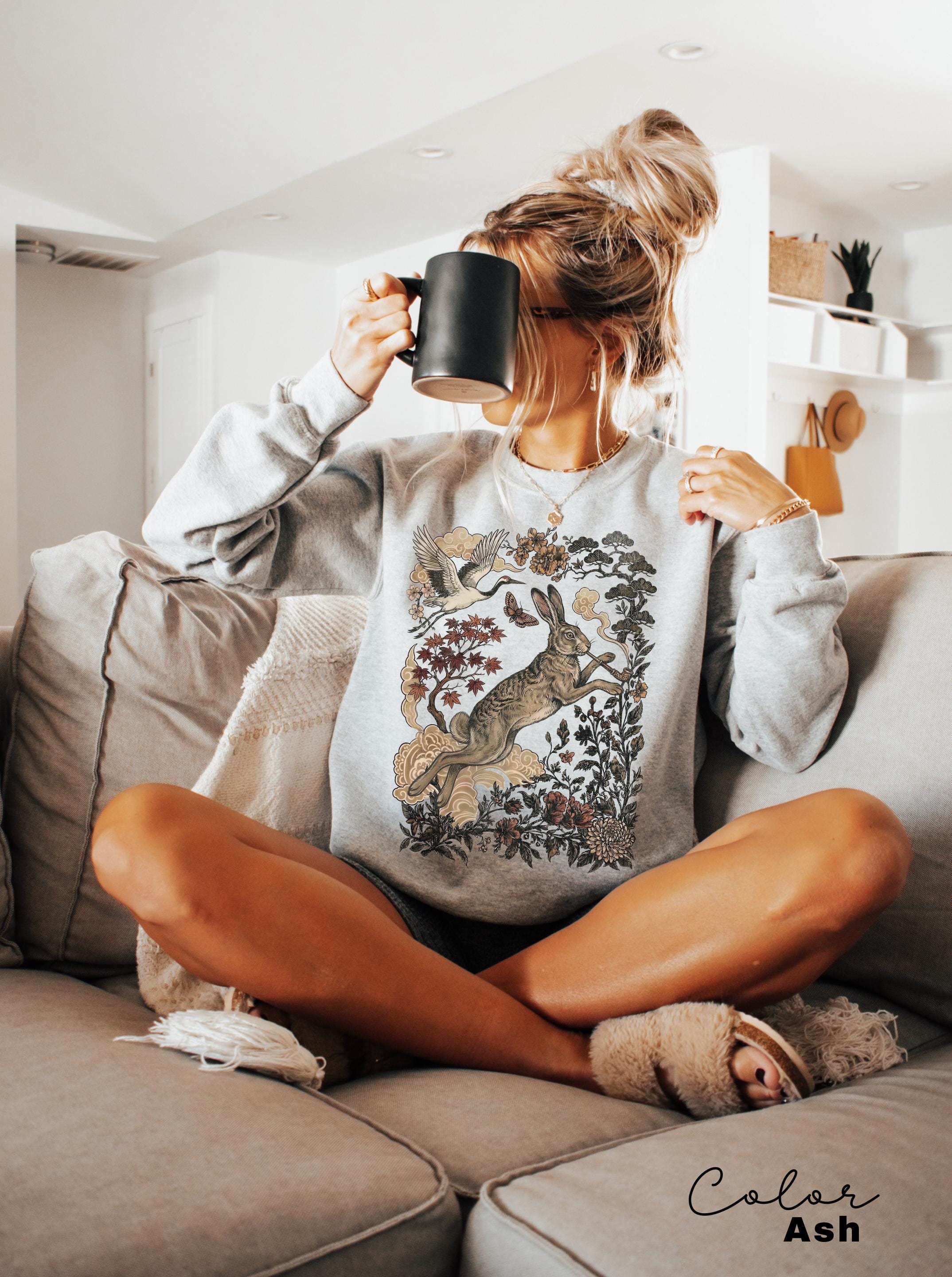 Retro Rabbit Shirt, Wild Hare Smoking Pipe t-shirt, Folk Art Forest Animal TShirt, Woodland Aesthetic Top, Comfort Colors