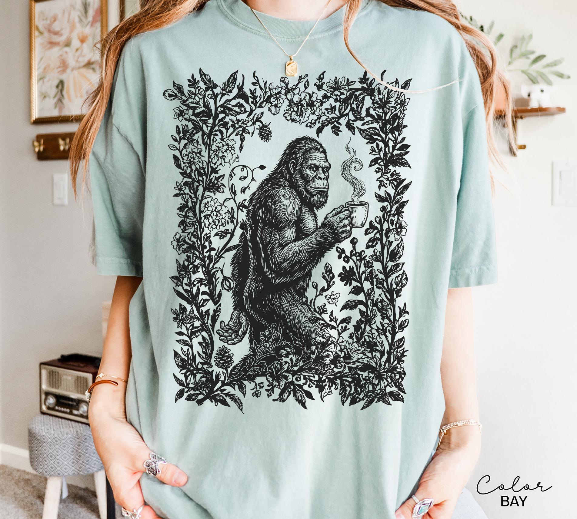 Big Foot Drinking Coffee Retro Nature Shirt, Floral Nature Tee, 90s Nature Outfit Crewneck, Americana Nostalgia
