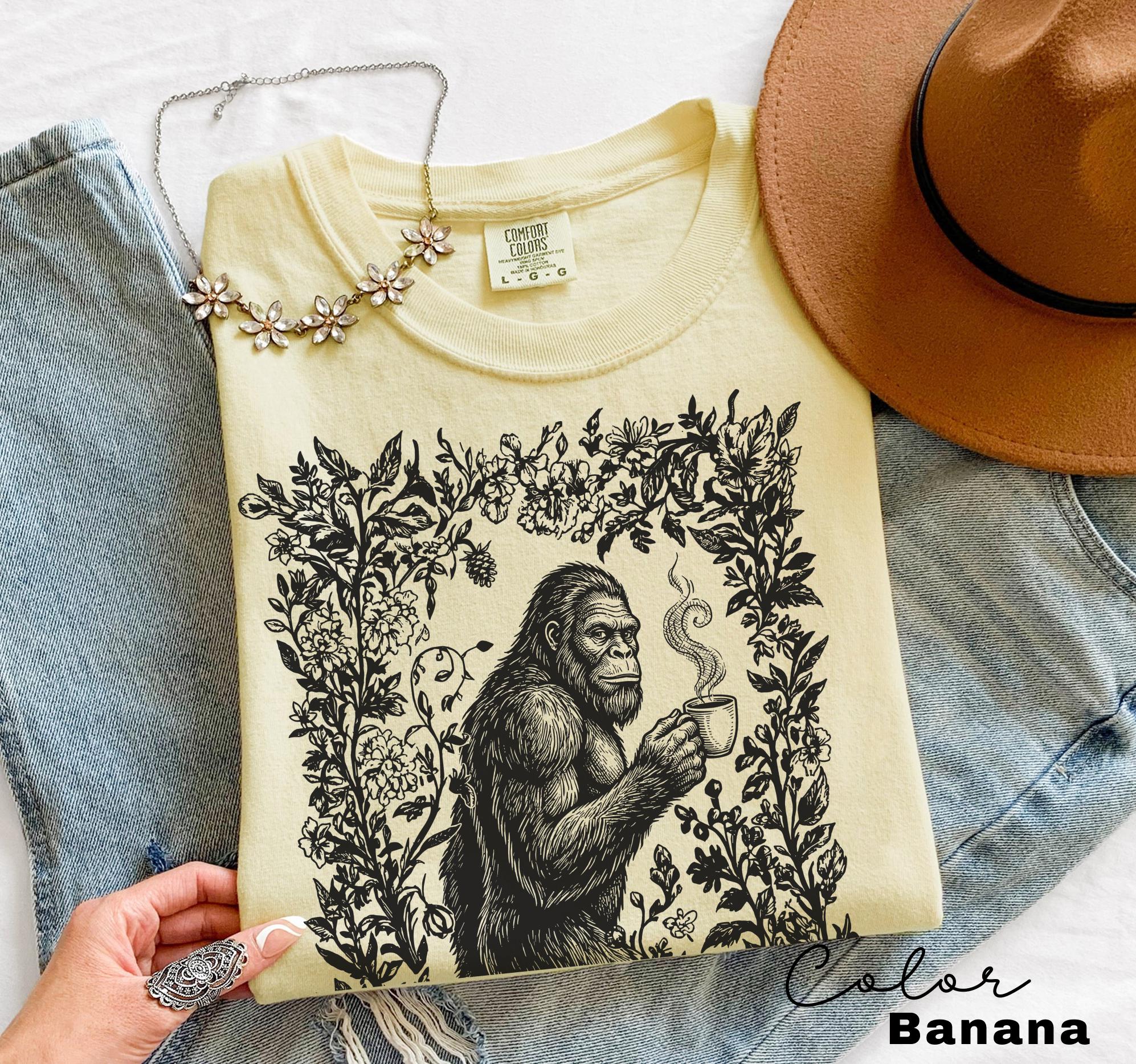 Big Foot Drinking Coffee Retro Nature Shirt, Floral Nature Tee, 90s Nature Outfit Crewneck, Americana Nostalgia