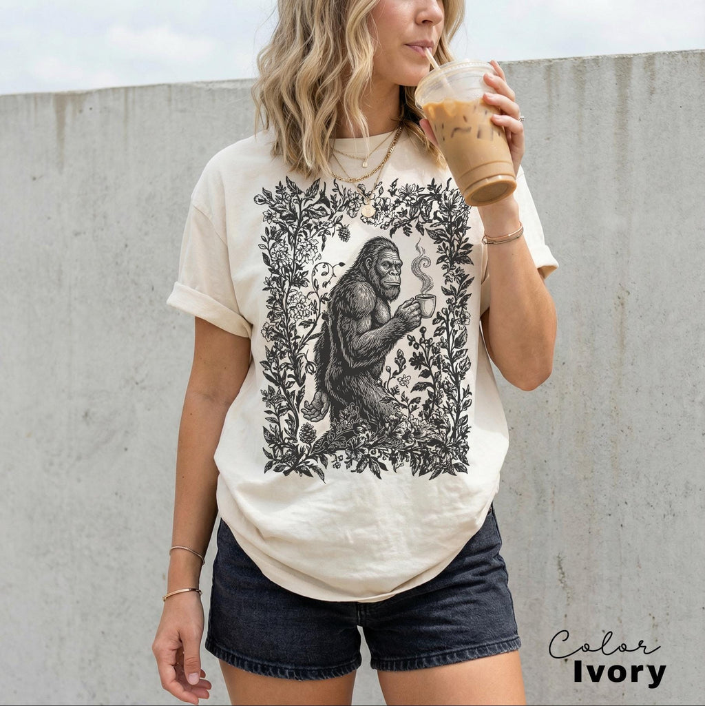 Big Foot Drinking Coffee Retro Nature Shirt, Floral Nature Tee, 90s Nature Outfit Crewneck, Americana Nostalgia