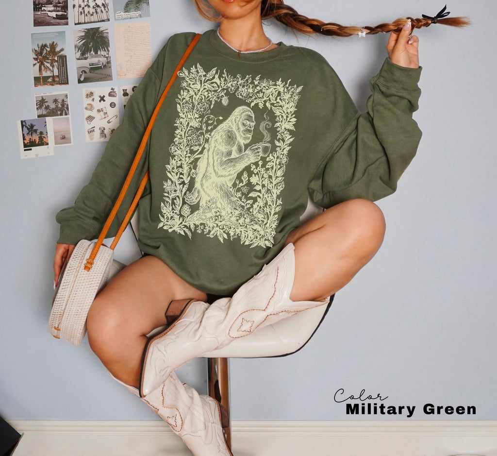 Big Foot Drinking Coffee Retro Nature Floral Tee