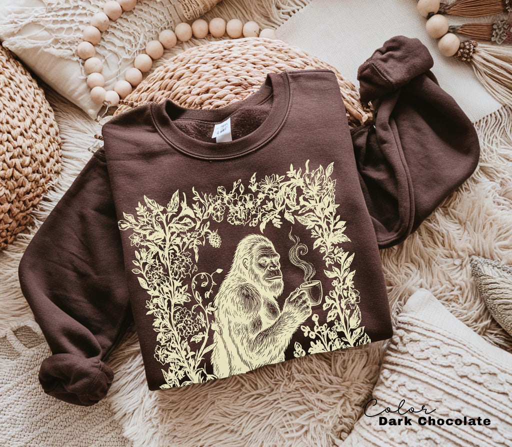 Big Foot Drinking Coffee Retro Nature Floral Tee