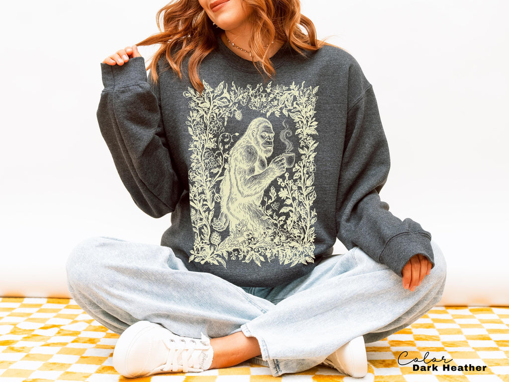 Big Foot Drinking Coffee Retro Nature Floral Tee