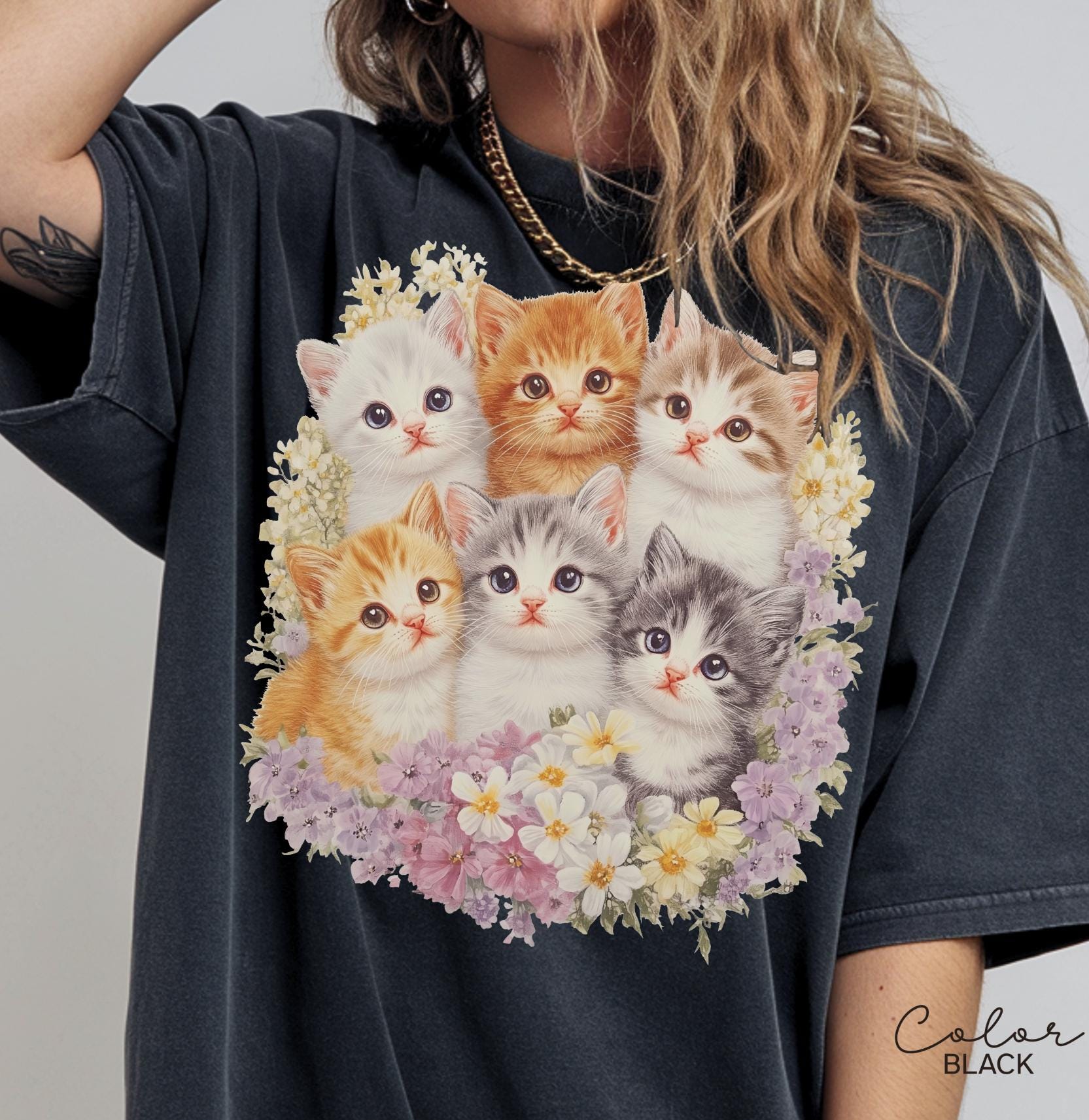 Retro Kitten Floral Shirt Sweatshirt, 90s Vintage Cute Cats Pullover, Boho Unisex Floral Cat Butterfly Graphic Crewneck, Retro Animal Top
