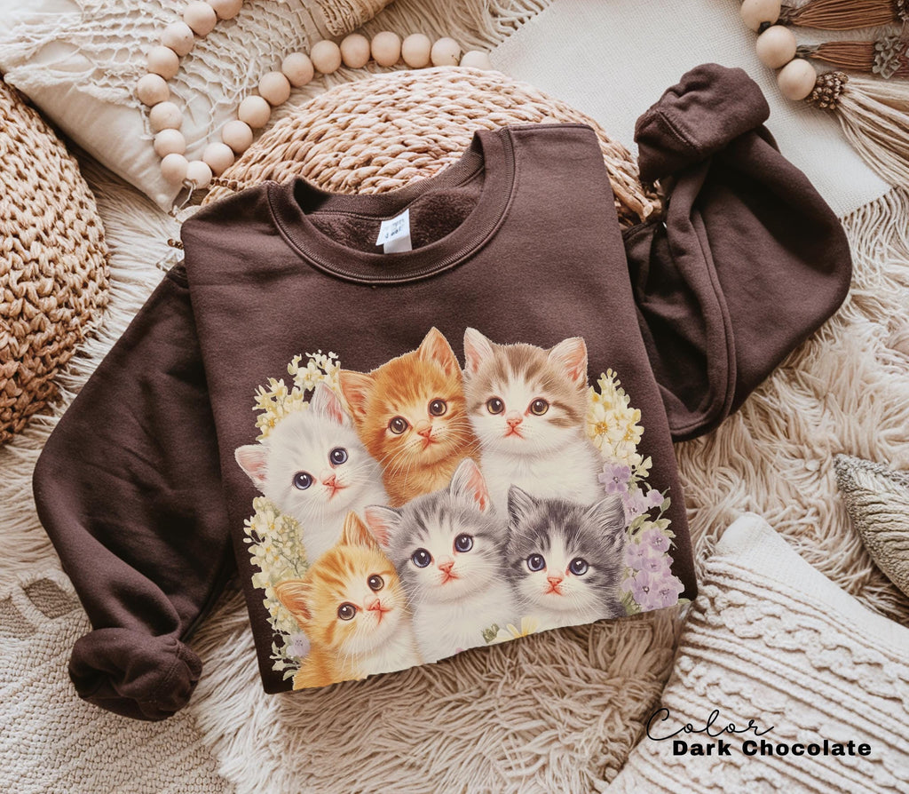 Retro Kitten Floral Shirt Sweatshirt, 90s Vintage Cute Cats Pullover, Boho Unisex Floral Cat Butterfly Graphic Crewneck, Retro Animal Top