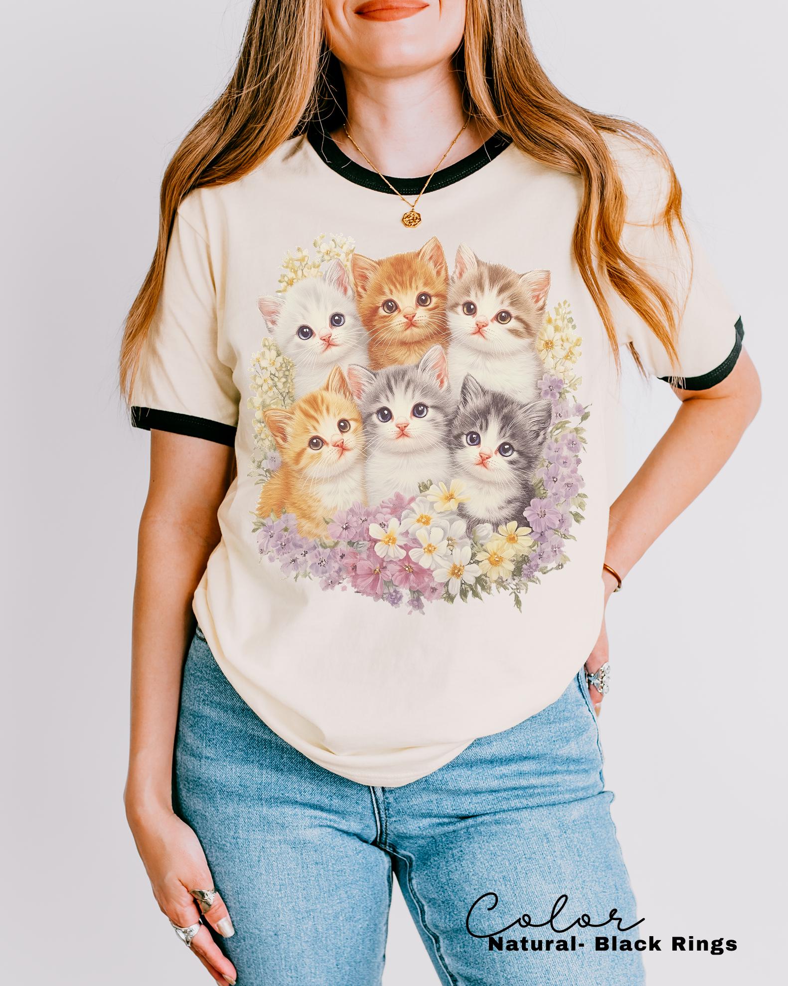 Retro Kitten Floral Ringer Shirt, 90s Vintage Cute Cats, Boho Unisex Floral Cat Butterfly Graphic, Retro Animal Top