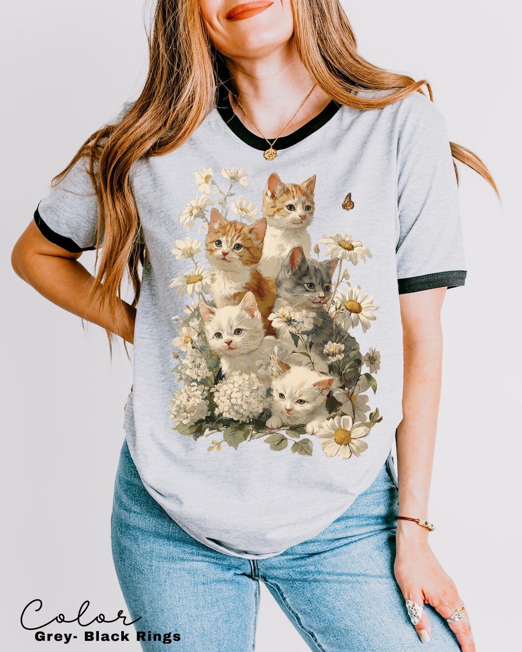 Retro Kitten Floral Ringer Shirt, 90s Vintage Cute Cats, Boho Unisex Floral Cat Butterfly Graphic, Retro Animal Top