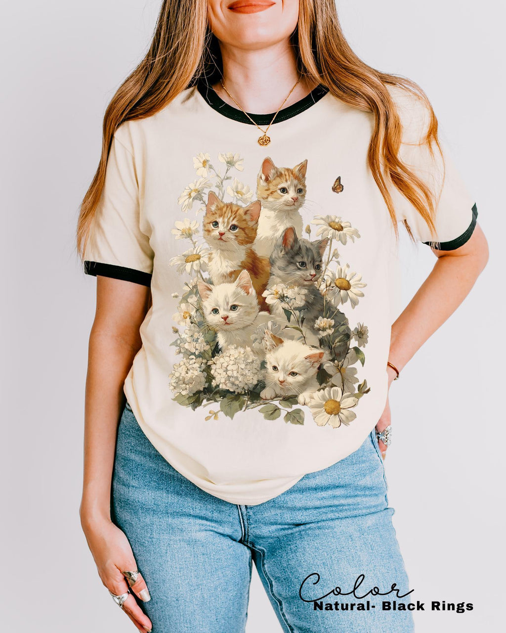 Retro Kitten Floral Ringer Shirt, 90s Vintage Cute Cats, Boho Unisex Floral Cat Butterfly Graphic, Retro Animal Top
