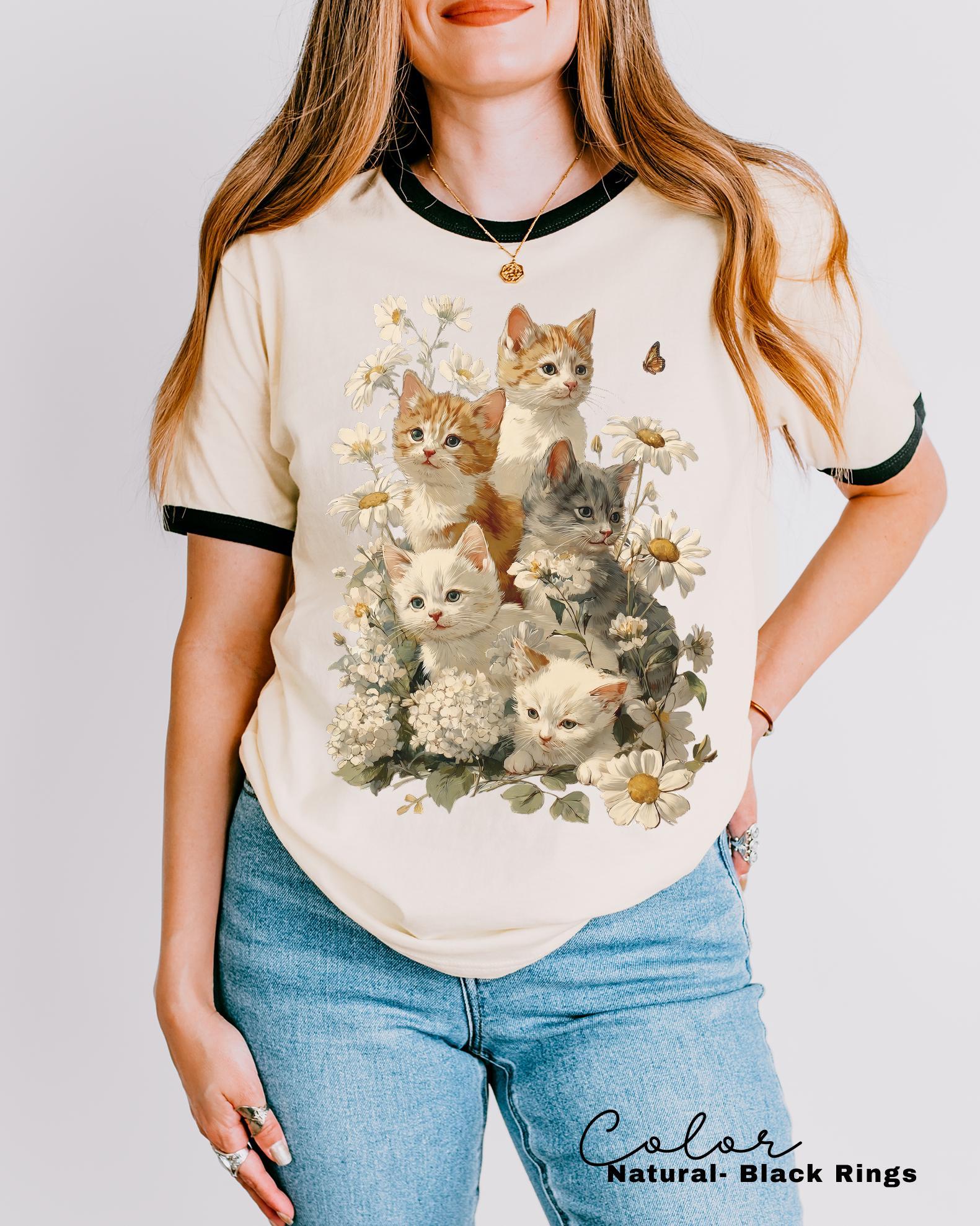 Retro Kitten Floral Ringer Shirt, 90s Vintage Cute Cats, Boho Unisex Floral Cat Butterfly Graphic, Retro Animal Top