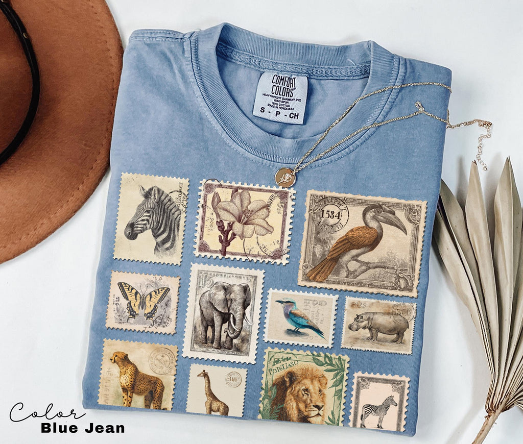 Animal Stamp Shirt, Nature Postage Stamp T-Shirt, Cottagecore, Safari Animals, Retro Vintage Style