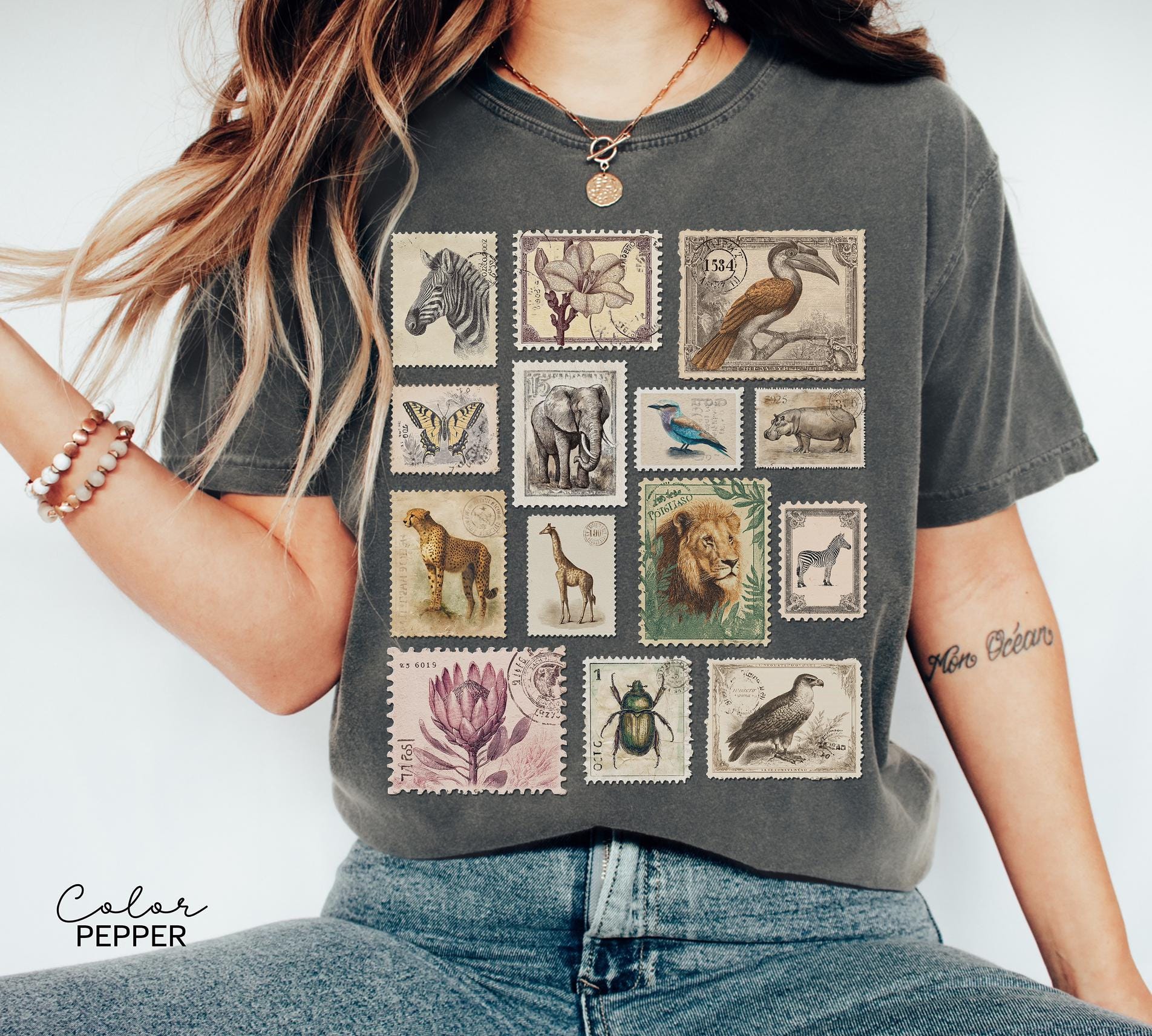 Animal Stamp Shirt, Nature Postage Stamp T-Shirt, Cottagecore, Safari Animals, Retro Vintage Style