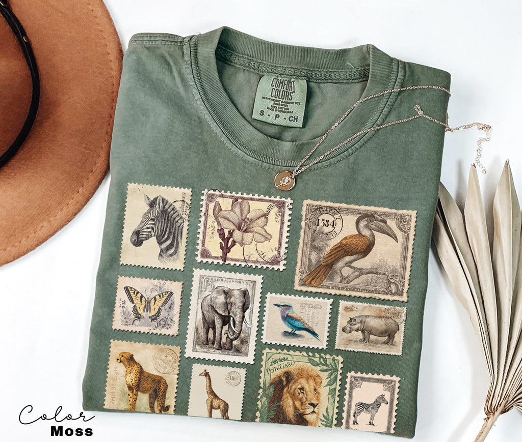 Animal Stamp Shirt, Nature Postage Stamp T-Shirt, Cottagecore, Safari Animals, Retro Vintage Style