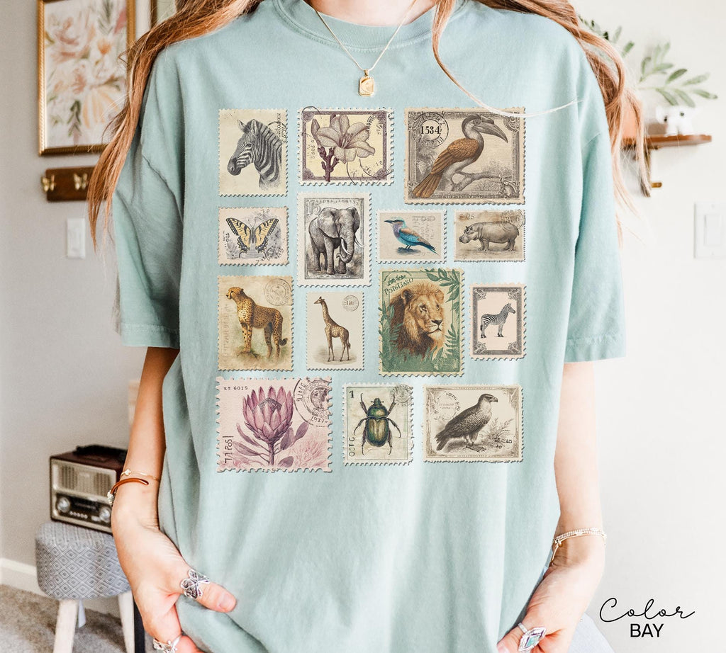 Animal Stamp Shirt, Nature Postage Stamp T-Shirt, Cottagecore, Safari Animals, Retro Vintage Style