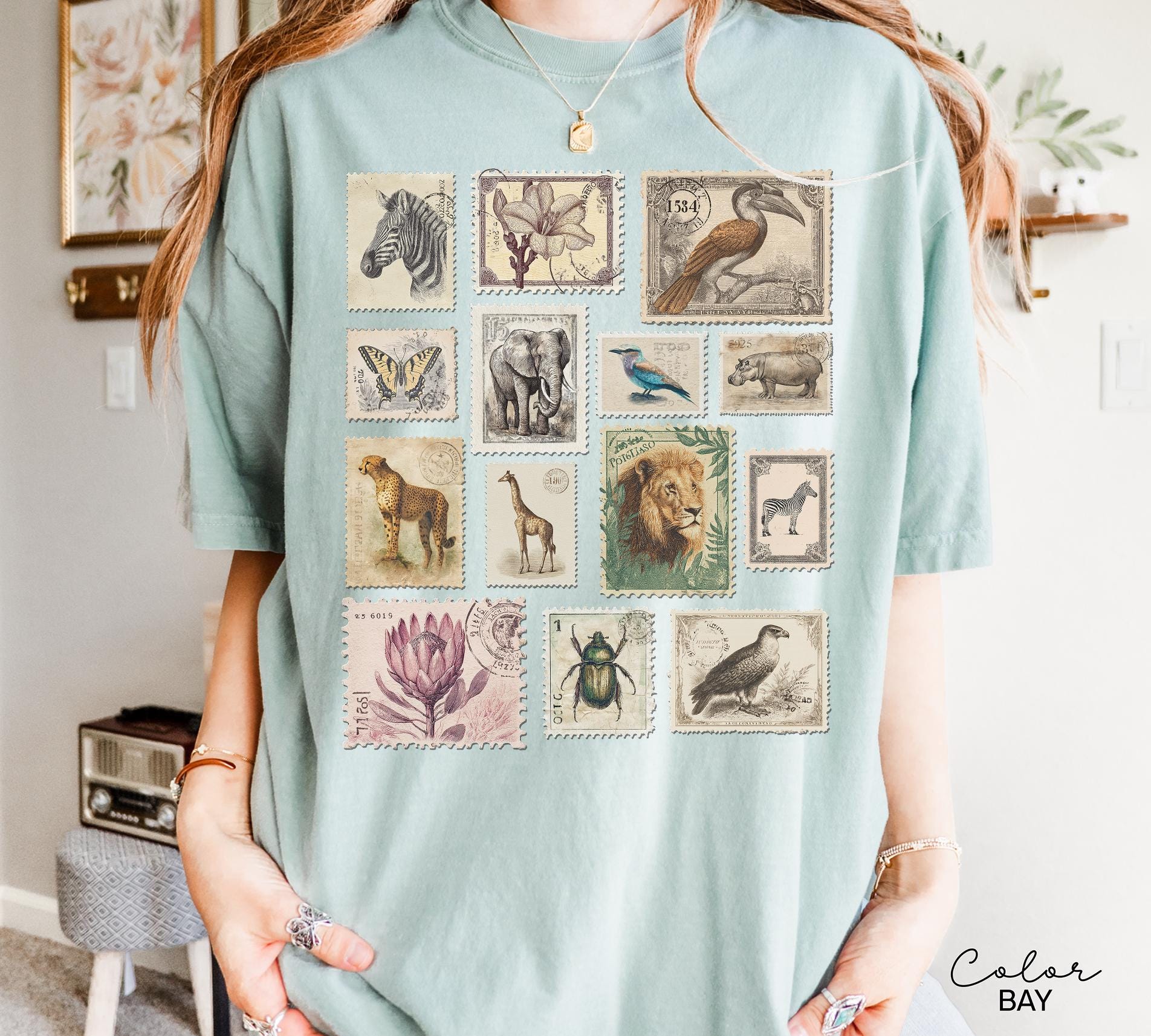 Animal Stamp Shirt, Nature Postage Stamp T-Shirt, Cottagecore, Safari Animals, Retro Vintage Style
