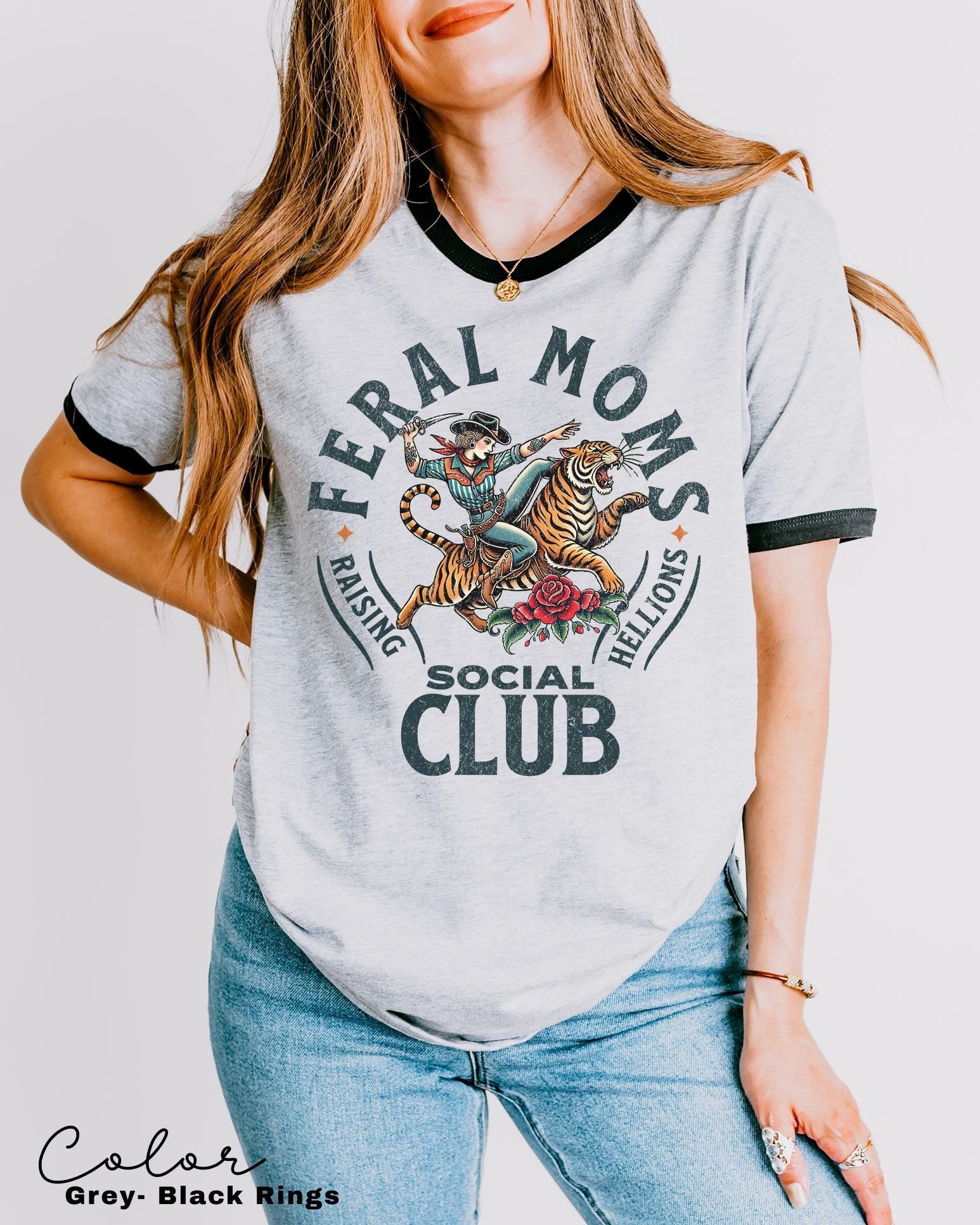 Feral Moms Social Club Retro Ringer Tee, Mom Life Vintage Style, Trendy Mom Ringer T-Shirt