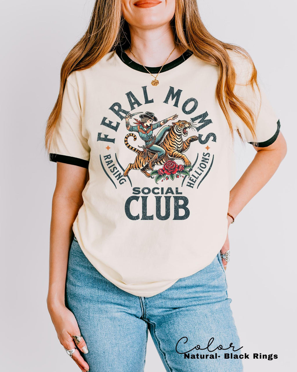 Feral Moms Social Club Retro Ringer Tee, Mom Life Vintage Style, Trendy Mom Ringer T-Shirt