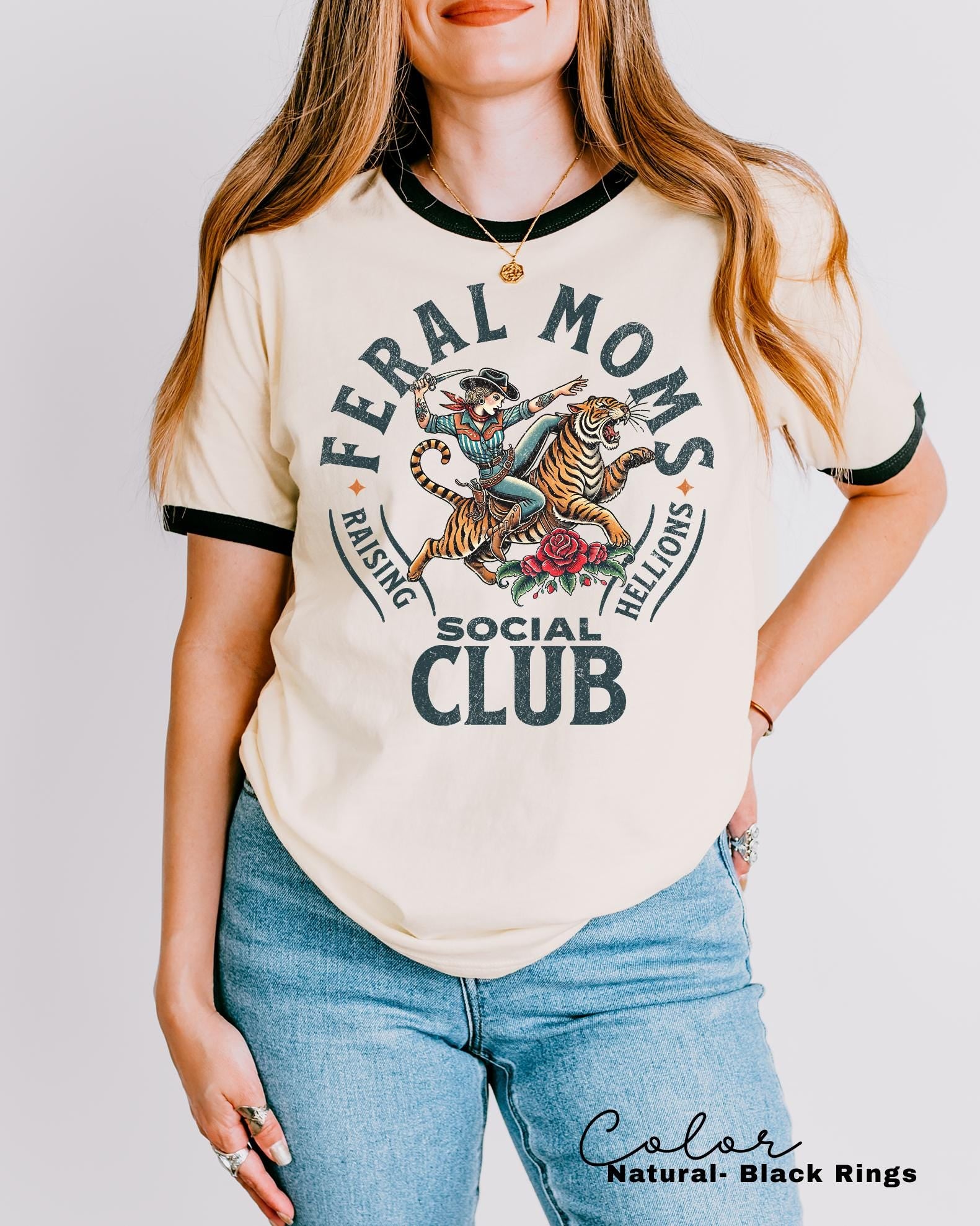 Feral Moms Social Club Retro Ringer Tee, Mom Life Vintage Style, Trendy Mom Ringer T-Shirt